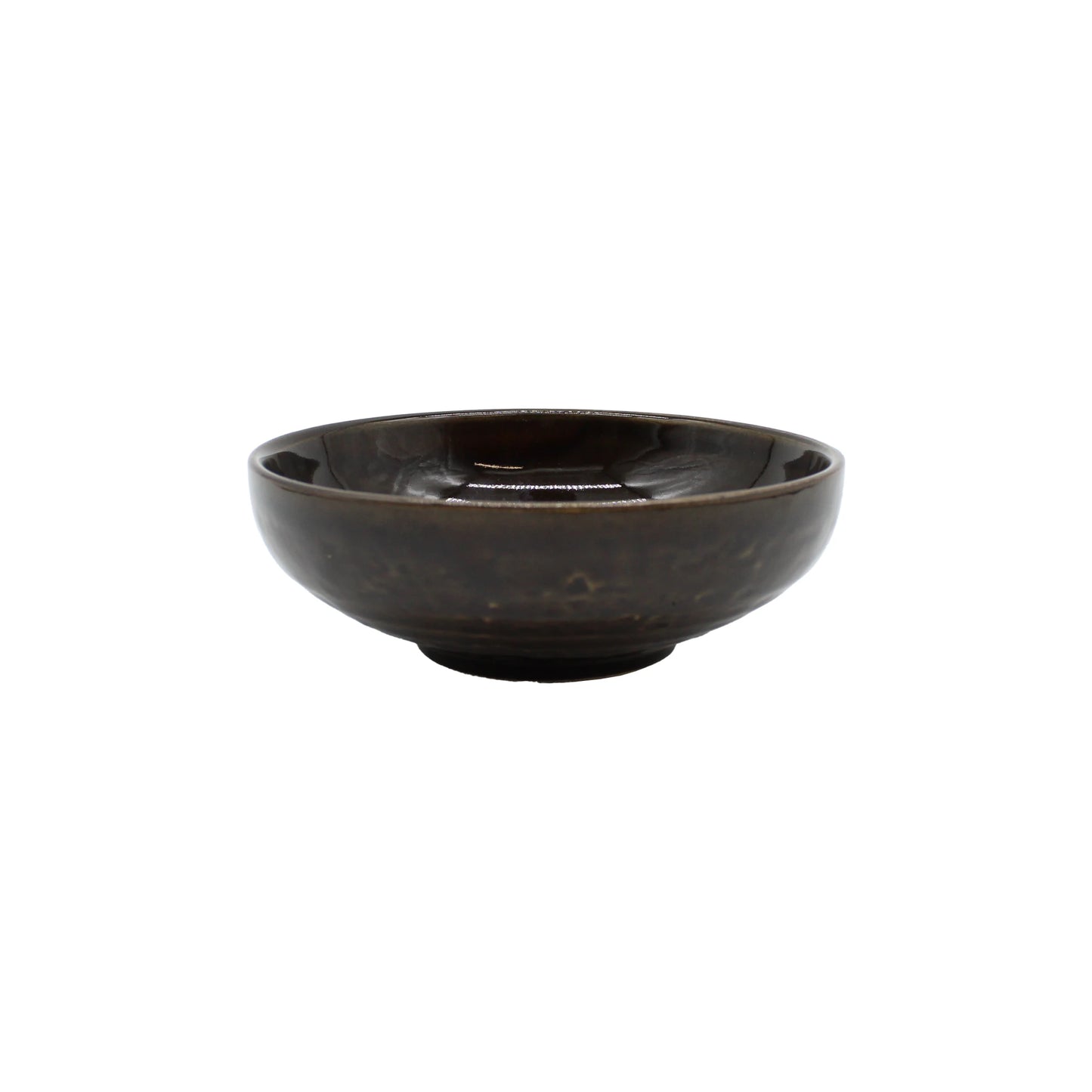 
                  
                    The Shallow Earthenware Bowl - Brown Glaze is a dark brown Japanese bowl with a glossy finish, shown from the side against a plain white background.
                  
                