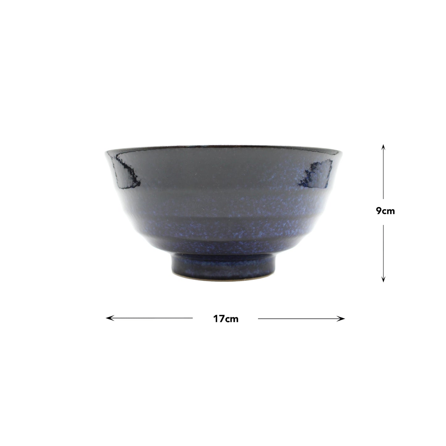 
                  
                    The Udon Bowl - Blue Cherry Blossom is a dark blue porcelain bowl, inspired by Japanese art, measuring 17 cm in diameter and 9 cm in height, shown against a white background with measurement arrows.
                  
                