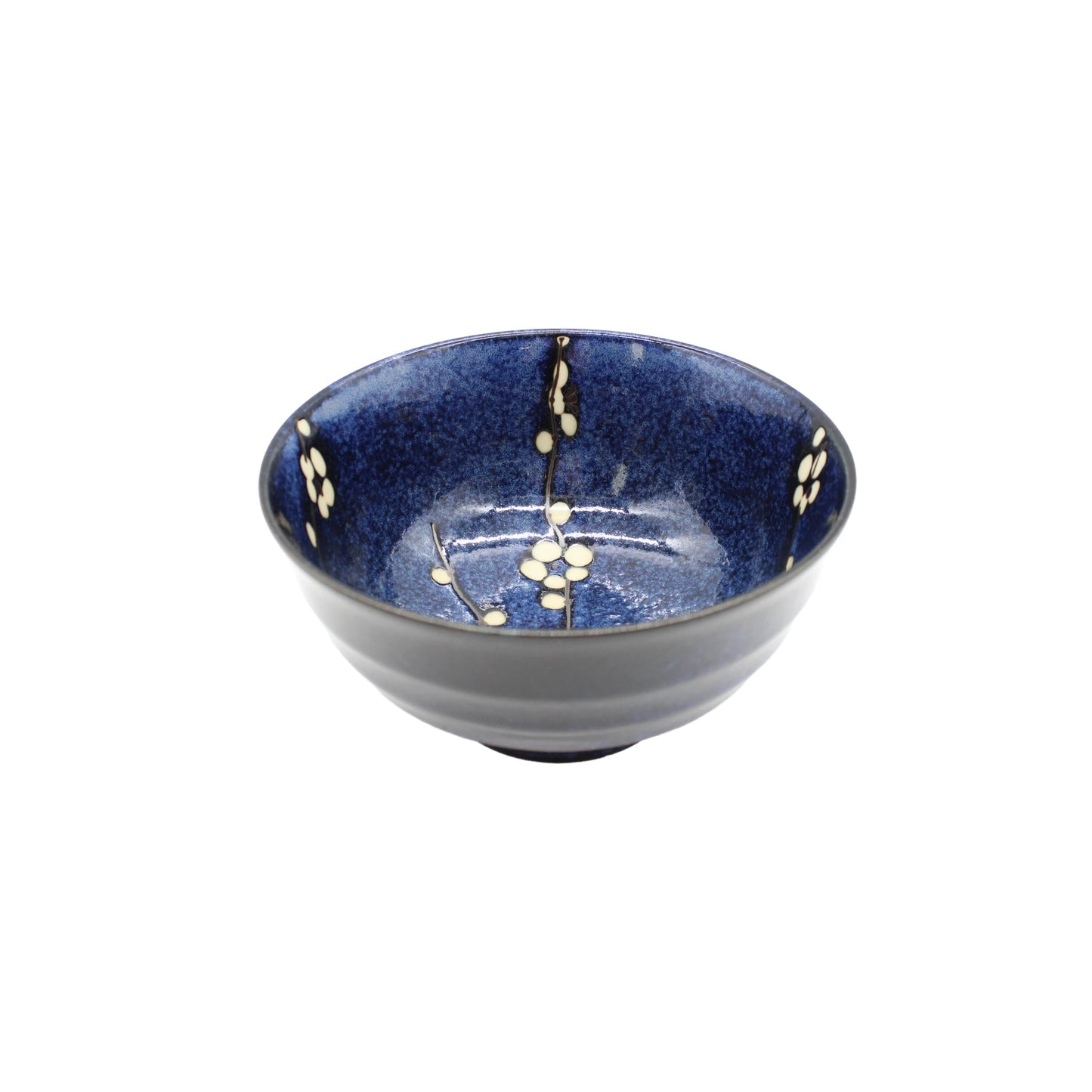 The Udon Bowl - Blue Cherry Blossom features a glossy blue porcelain finish with a delicate white cherry blossom design inside, shown against a plain white background.