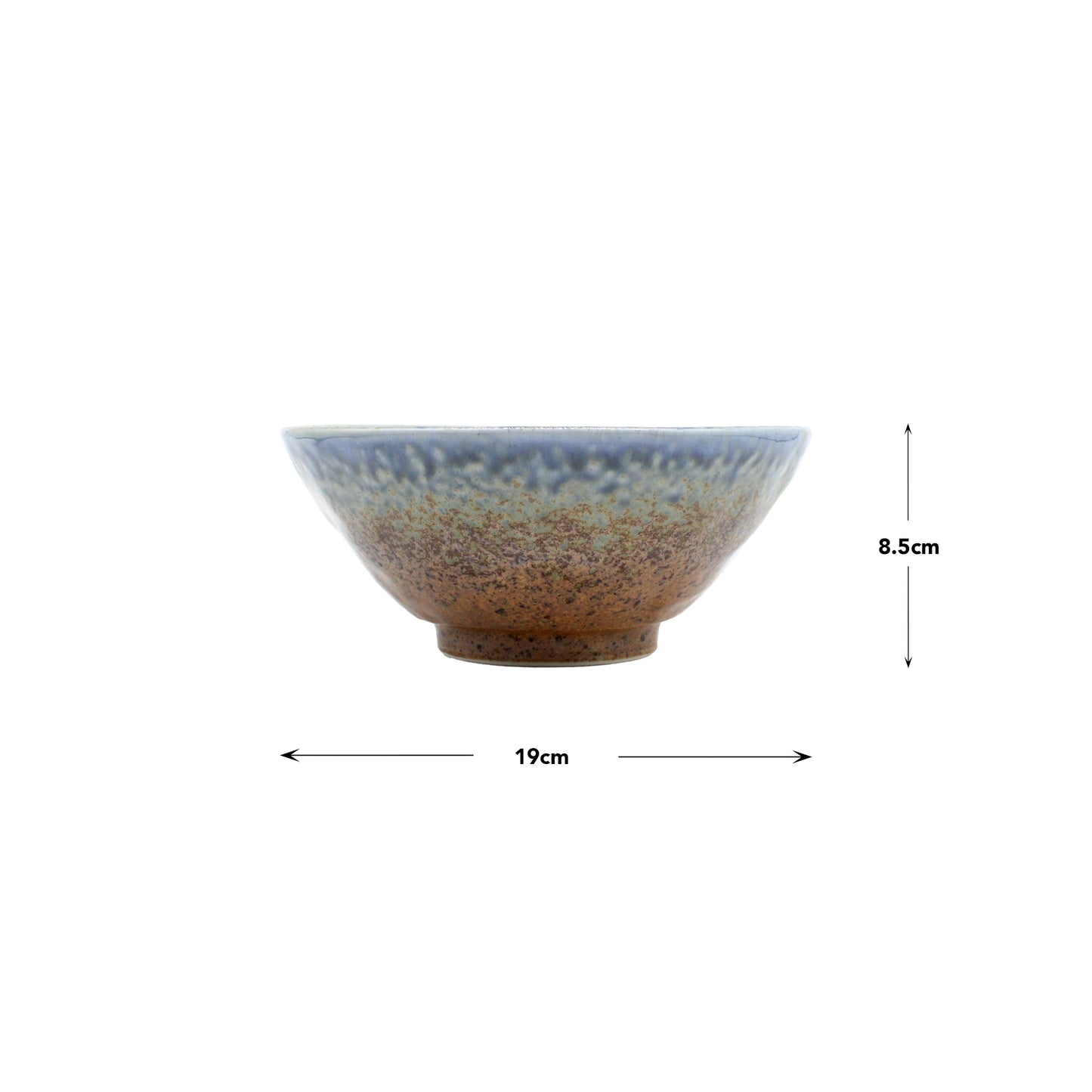 
                  
                    The Udon Bowl - Earth & Sky is a handmade noodle bowl with a speckled brown and blue glaze, measuring 19 cm in diameter by 8.5 cm high, displayed on a white background with measurement indicators.
                  
                