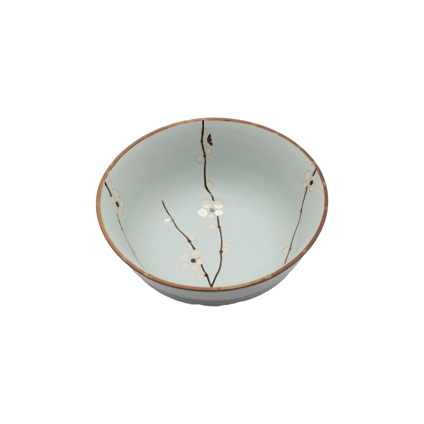 
                  
                    Ceramic udon bowl with decorative sakura cherry blossom design on a pale green background 
                  
                