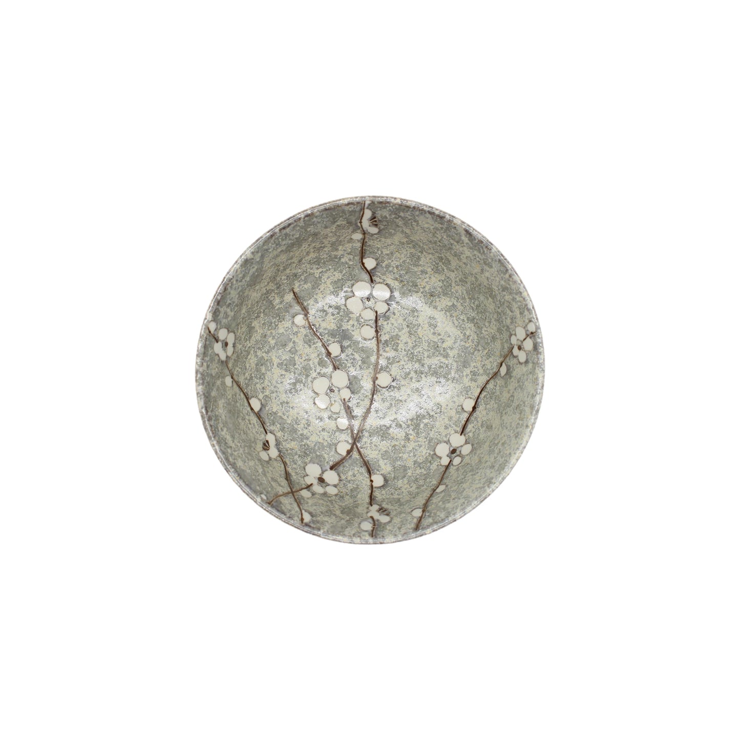 
                  
                    The Udon Bowl - Grey Cherry Blossom is a round ceramic bowl with a mottled gray-green interior, adorned with delicate white cherry blossoms and brown branches inspired by Japanese art motifs.
                  
                