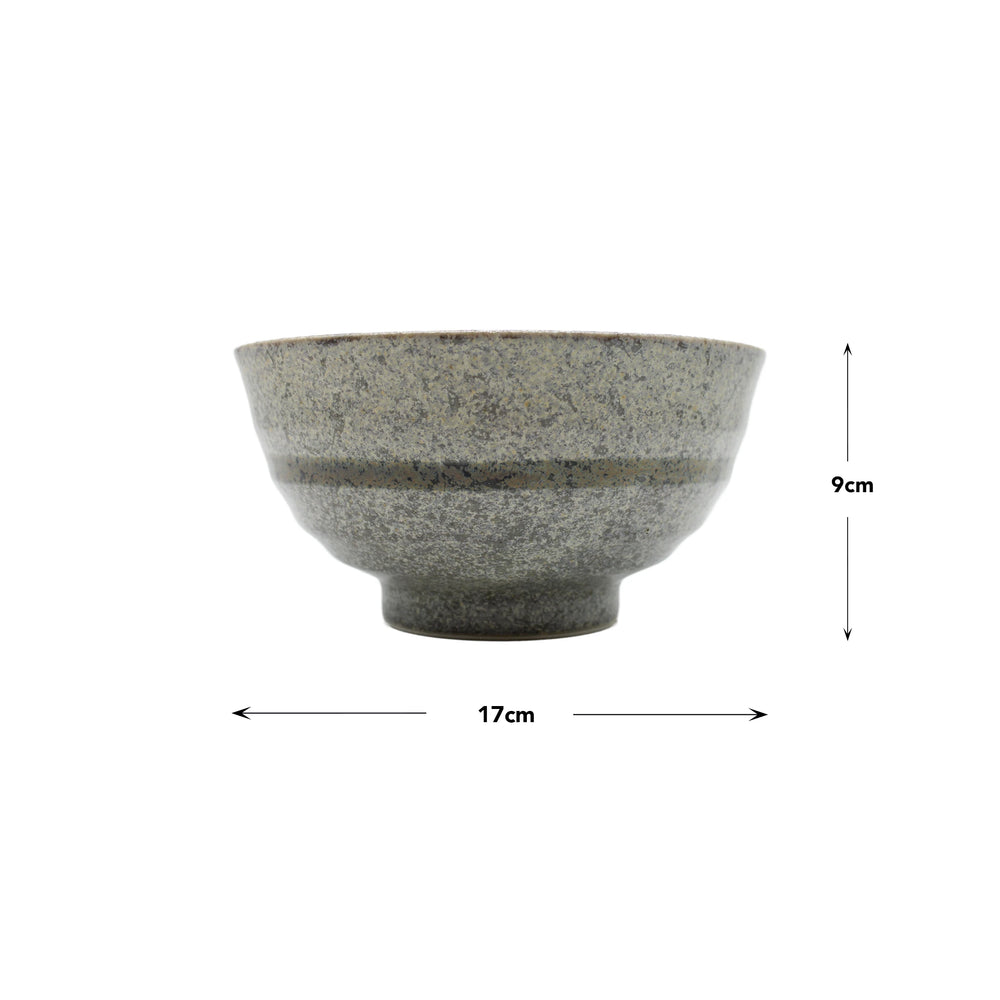 The Udon Bowl - Grey Cherry Blossom, a gray ceramic bowl inspired by Japanese porcelain udon designs (17 cm diameter, 9 cm height), is displayed against a white background with measurement arrows.