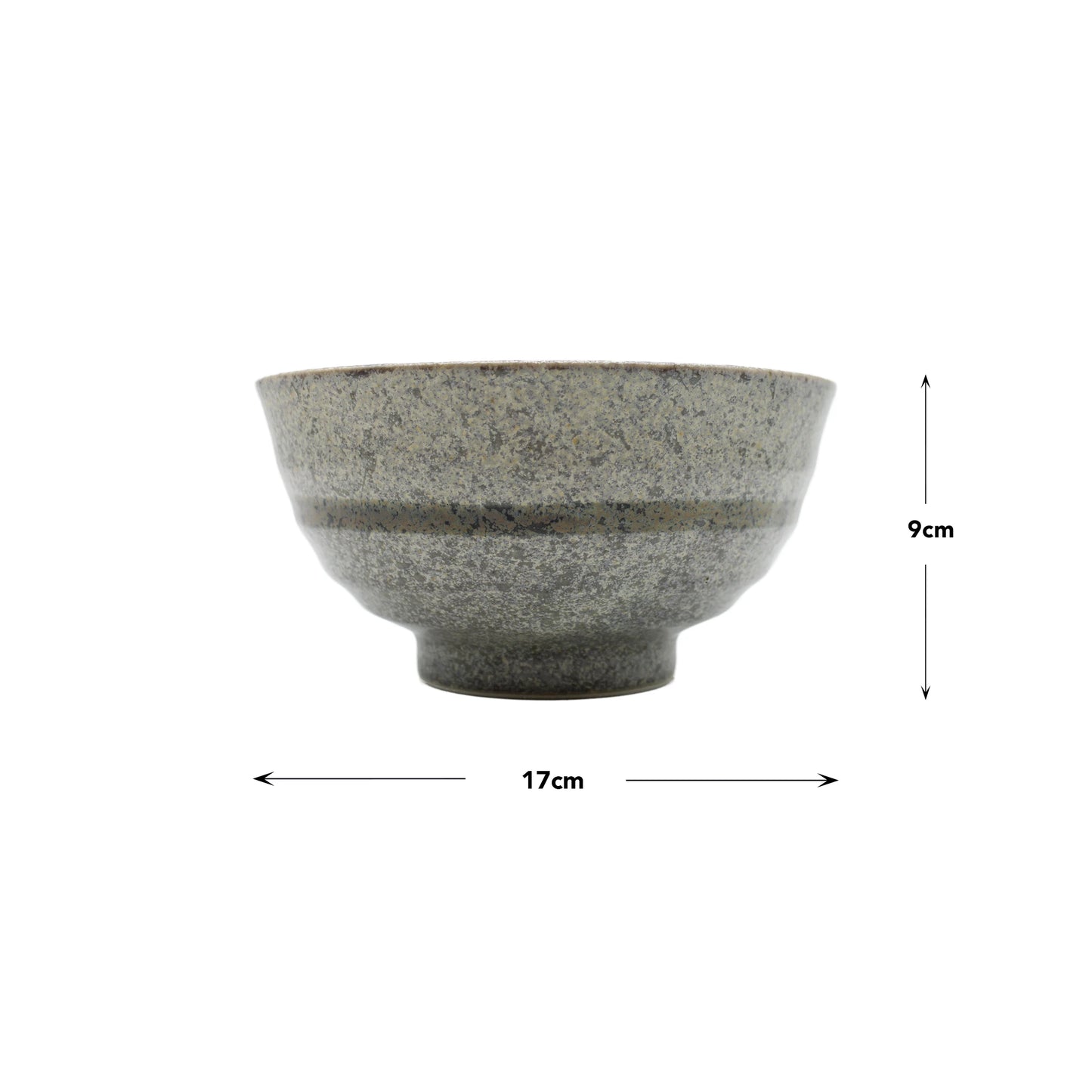 The Udon Bowl - Grey Cherry Blossom, a gray ceramic bowl inspired by Japanese porcelain udon designs (17 cm diameter, 9 cm height), is displayed against a white background with measurement arrows.