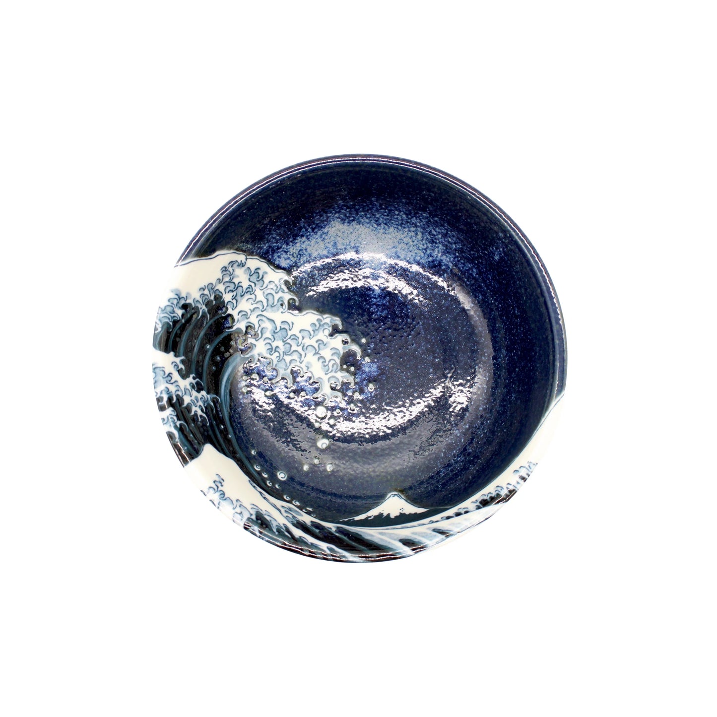 The Udon Bowl - Great Wave Design Blue is a Minoyaki porcelain bowl with a blue and white wave pattern, inspired by traditional Japanese art and the Great Wave off Kanagawa, viewed from above.