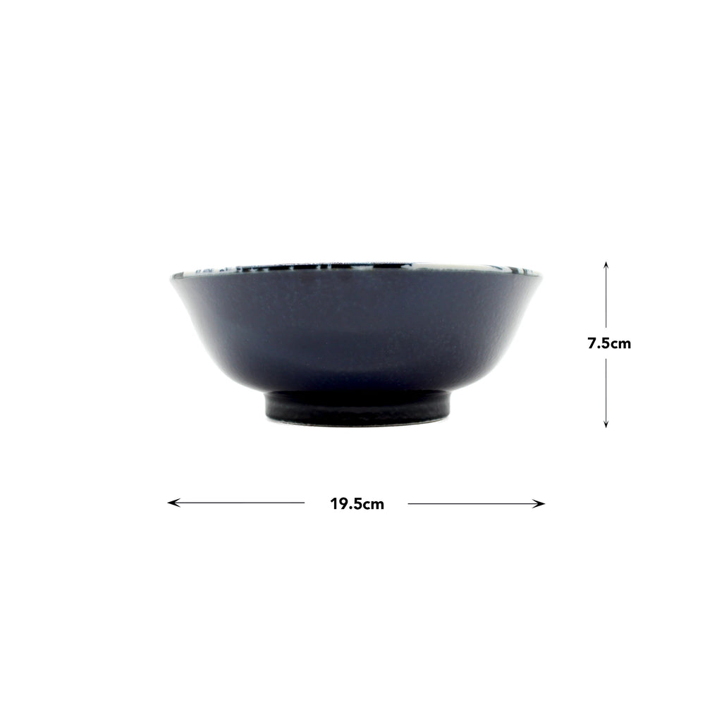 
                  
                    Side view of a dark blue Udon Bowl - Great Wave Design Blue, made from Minoyaki porcelain by Ichi kiln; dimensions shown: 19.5 cm wide and 7.5 cm tall.
                  
                
