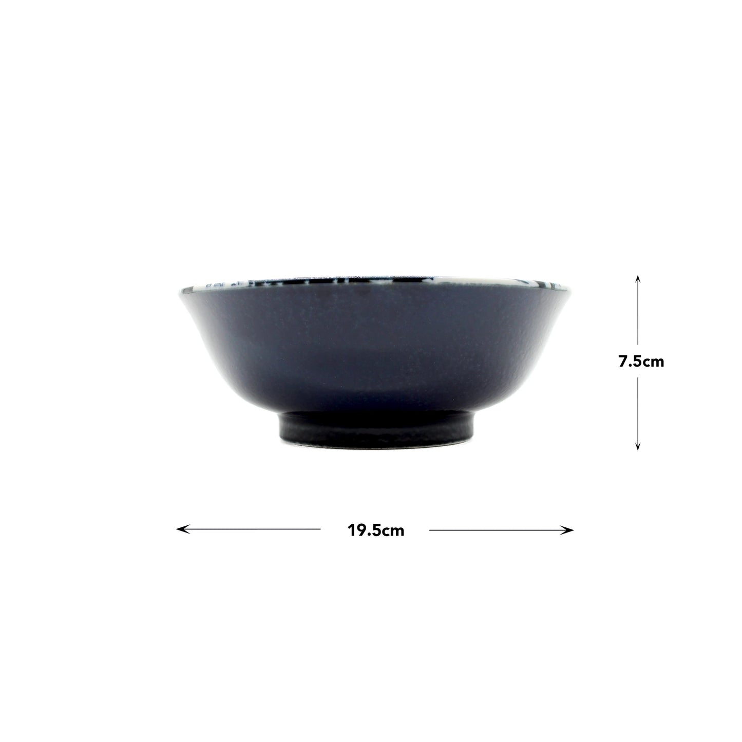 
                  
                    Side view of a dark blue Udon Bowl - Great Wave Design Blue, made from Minoyaki porcelain by Ichi kiln; dimensions shown: 19.5 cm wide and 7.5 cm tall.
                  
                
