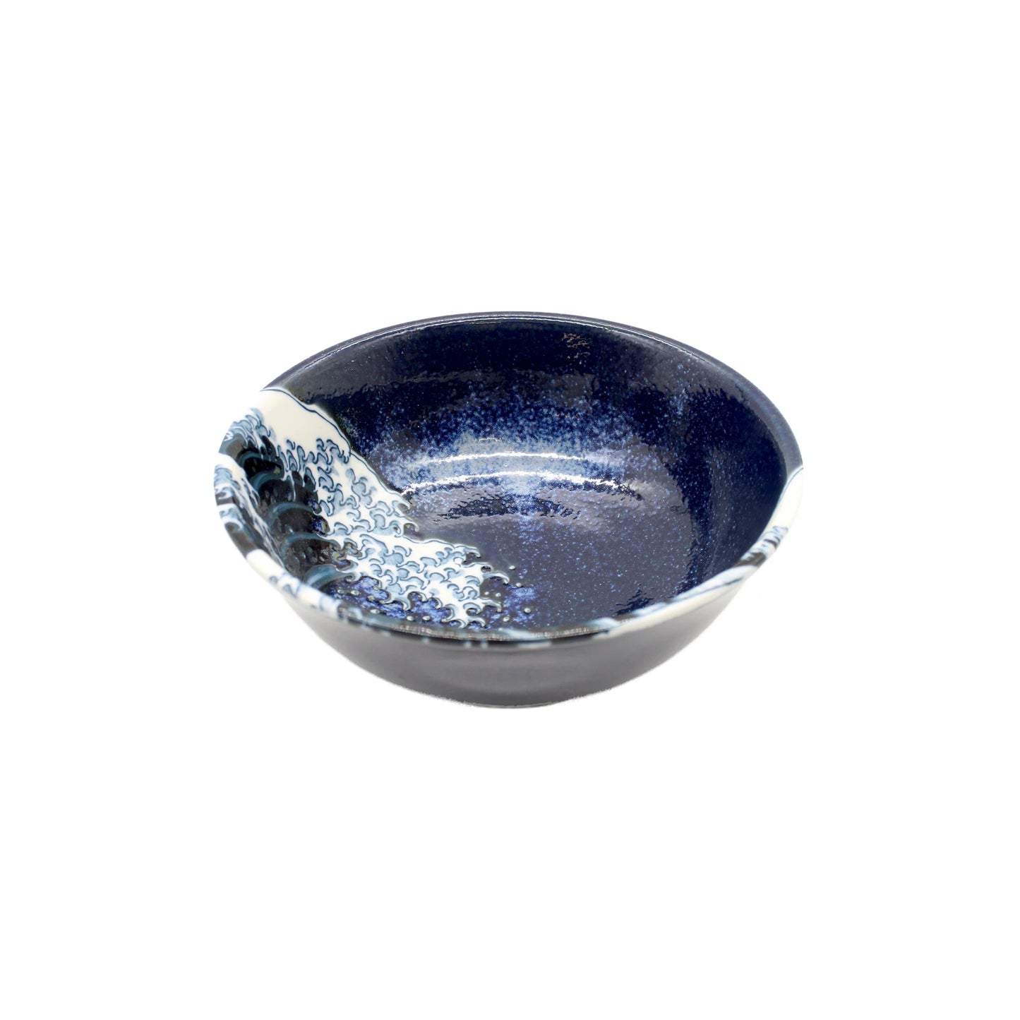 The Udon Bowl - Great Wave Design Blue features Minoyaki porcelain with a dark blue glaze and a white wave pattern inspired by the Great Wave off Kanagawa, displayed against a white background.