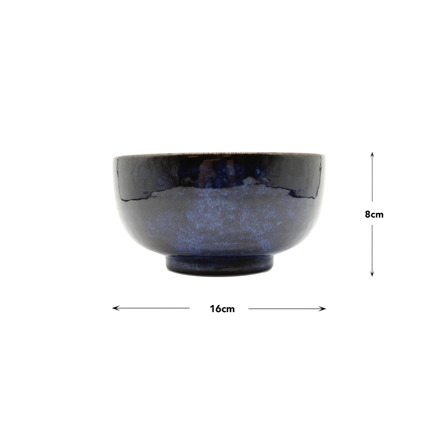 The Udon Bowl - Indigo Blue is a hand-finished Minoyaki porcelain bowl with a mottled dark blue glaze, crafted in traditional Japanese style. Dimensions: 16 cm wide, 8 cm tall.