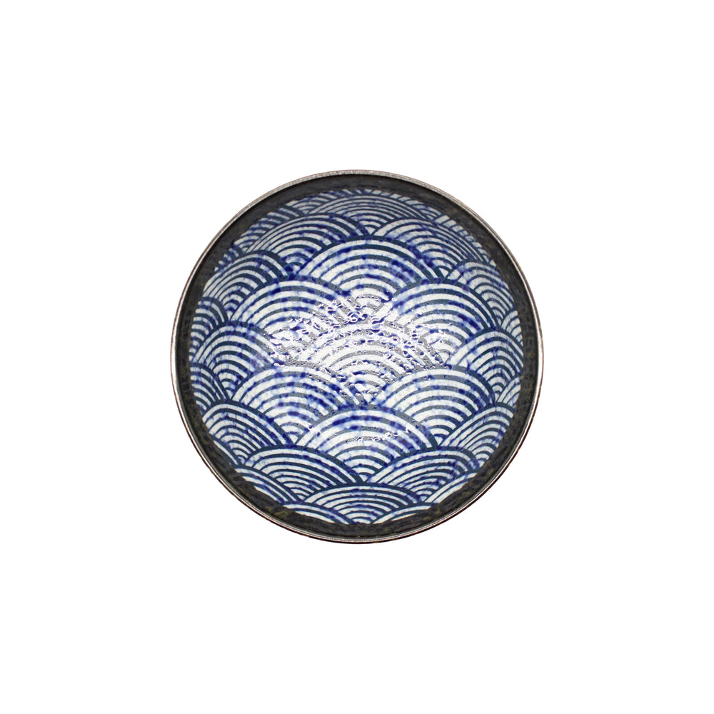 The Udon Bowl - Japanese Wave is a round ceramic rice bowl featuring a blue and white seigaiha pattern, viewed from above and centered on a white background.