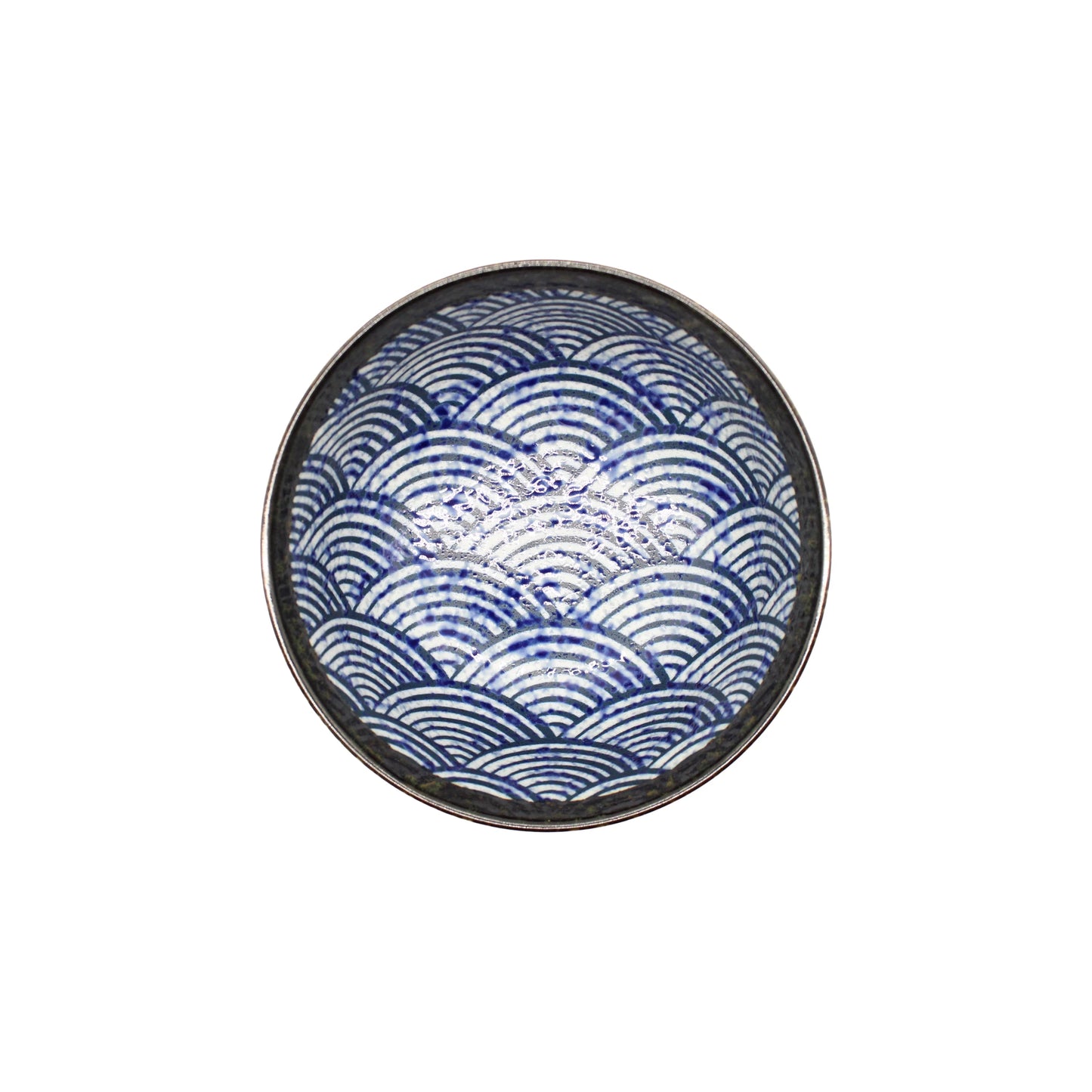 The Udon Bowl - Japanese Wave is a round ceramic rice bowl featuring a blue and white seigaiha pattern, viewed from above and centered on a white background.