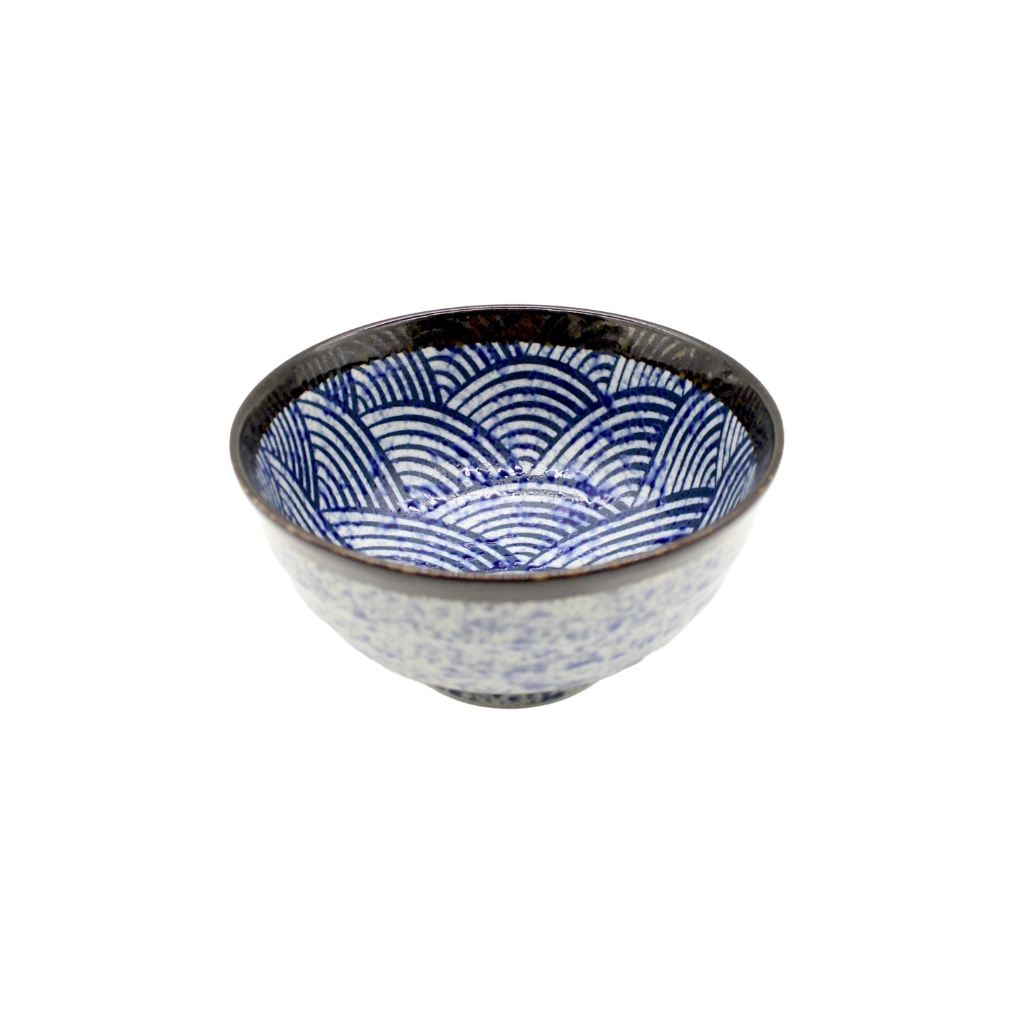 The Udon Bowl - Japanese Wave is a Japanese ceramic bowl with a striking blue seigaiha pattern inside and a dark rim, photographed against a white background.