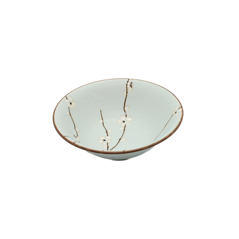 
                  
                    Light green Udon Bowl with a brown rim and delicate white cherry blossom design on the interior, photographed on a plain white background.
                  
                