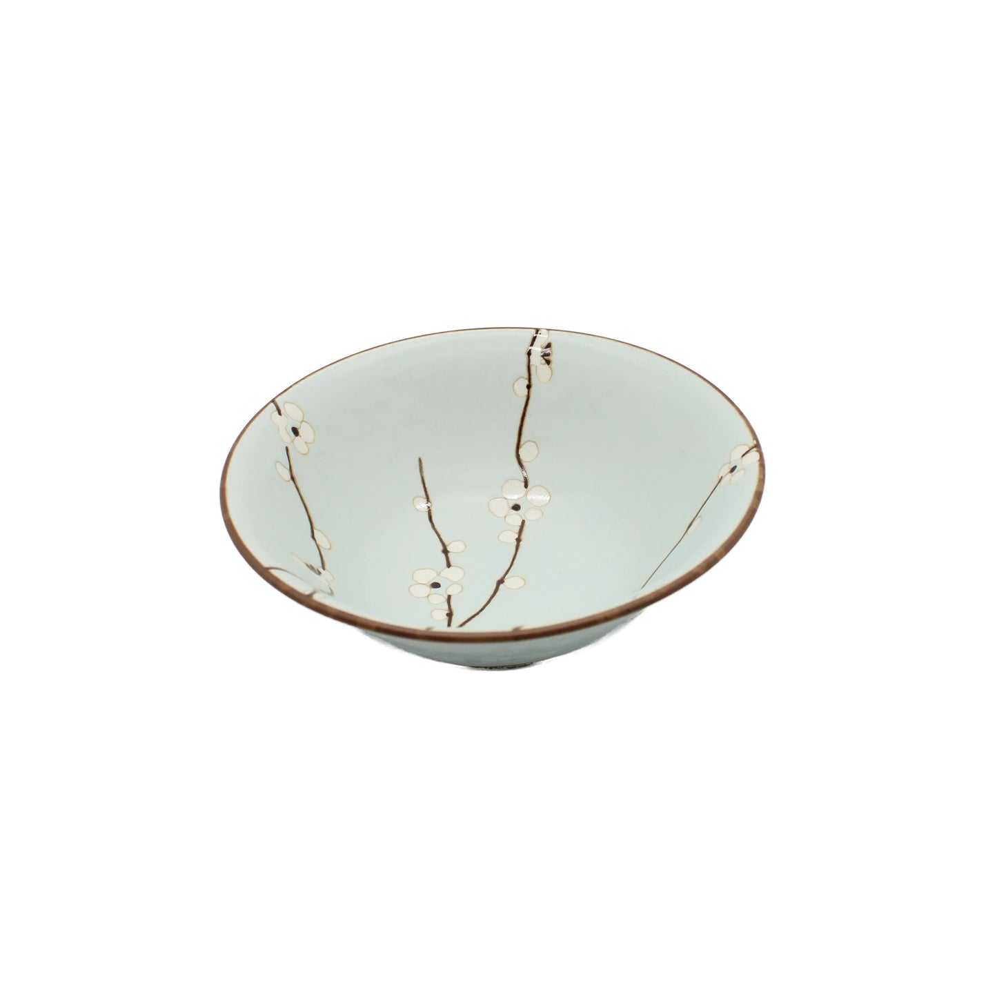 
                  
                    Light green Udon Bowl with a brown rim and delicate white cherry blossom design on the interior, photographed on a plain white background.
                  
                