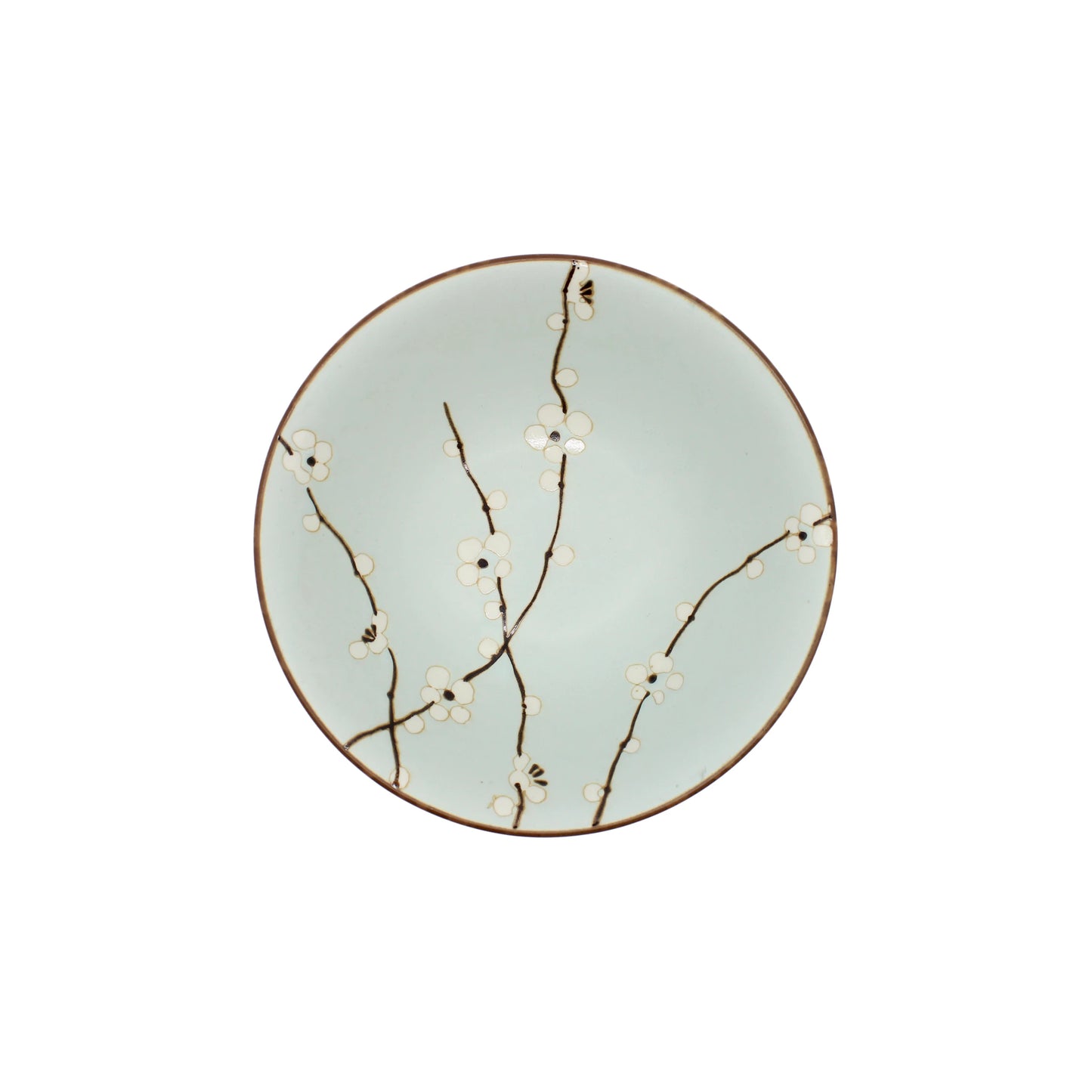 A round, light green udon bowl featuring a branch and white cherry blossom design.