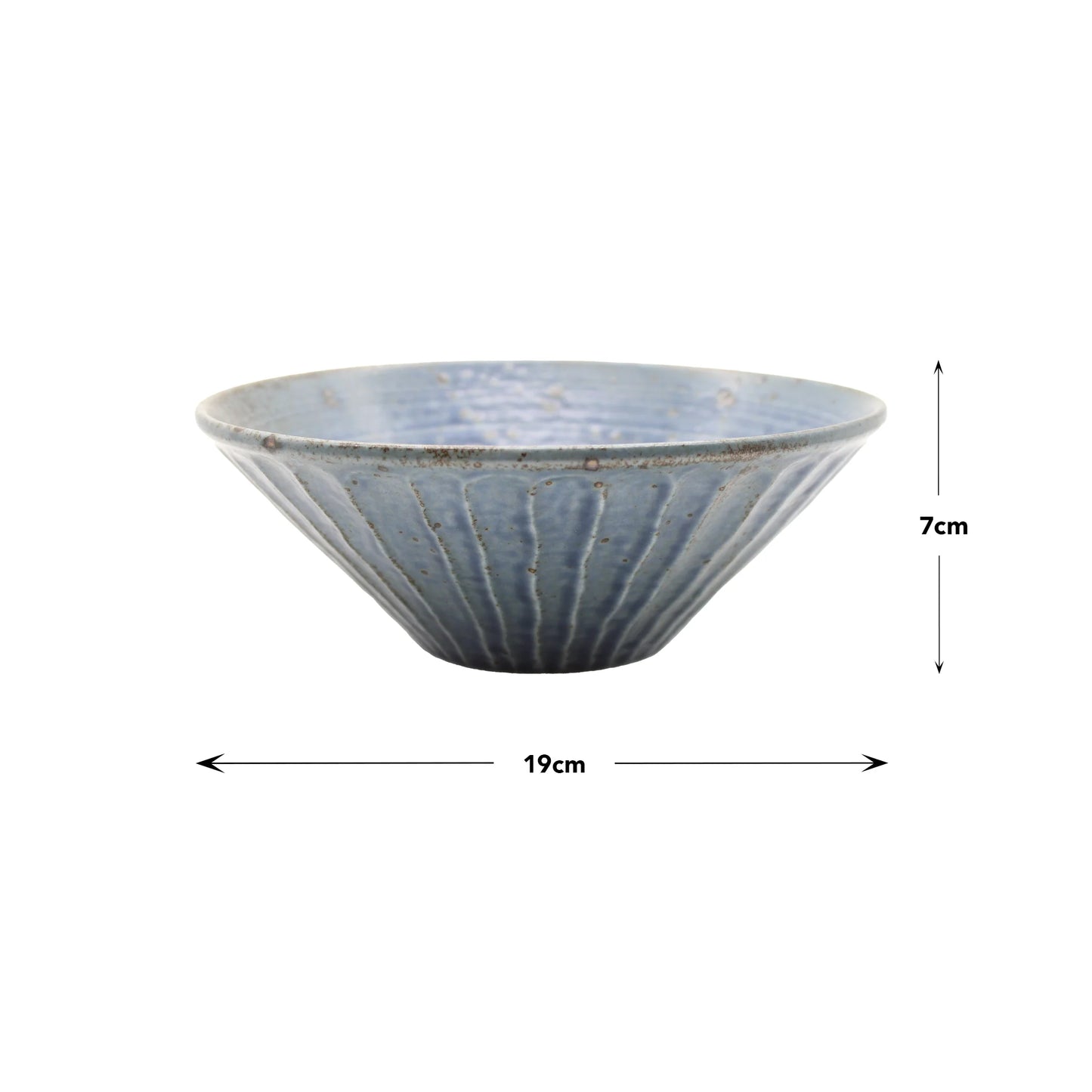 The Udon Bowl - Rustic Blue is a 19 cm diameter, 7 cm high Japanese ceramic bowl featuring a blue ridged texture and rustic finish.