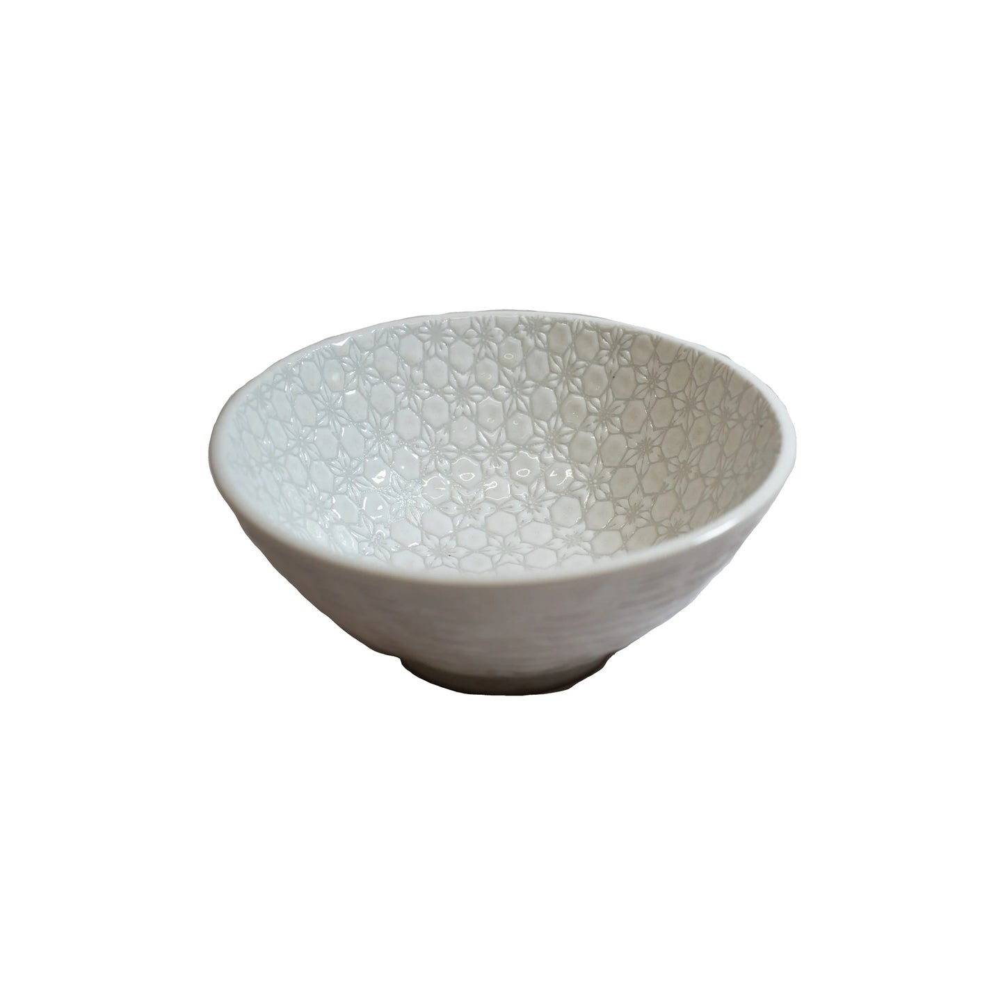 The Udon Bowl - White Star is a handmade white ceramic bowl featuring a subtle floral textured interior, microwave safe, shown from a slight angle on a plain white background.
