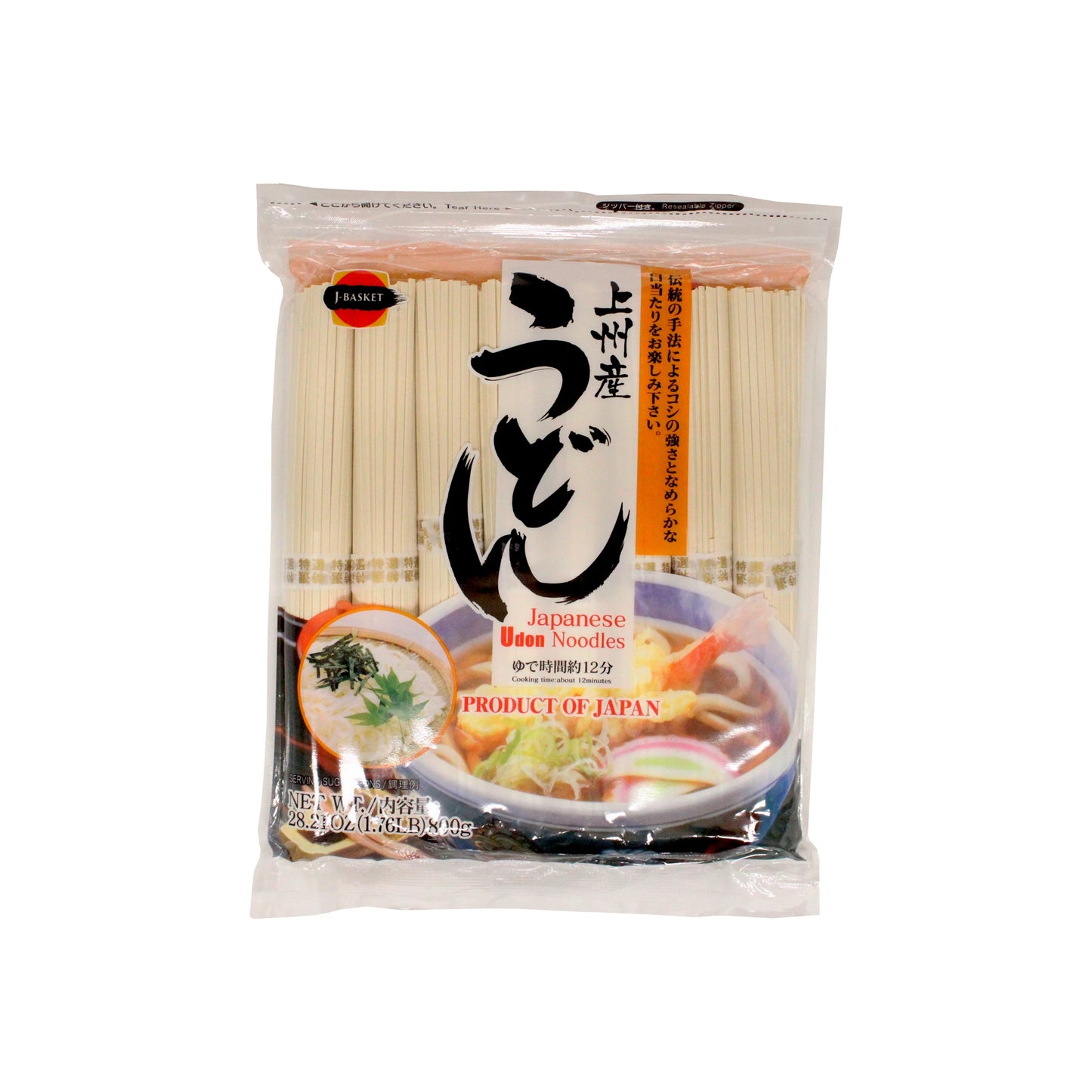 A clear plastic package labeled "Udon Noodles - 800g" features an image of classic udon soup, showcasing the chewy texture admired in Japanese cuisine—Product of Japan.