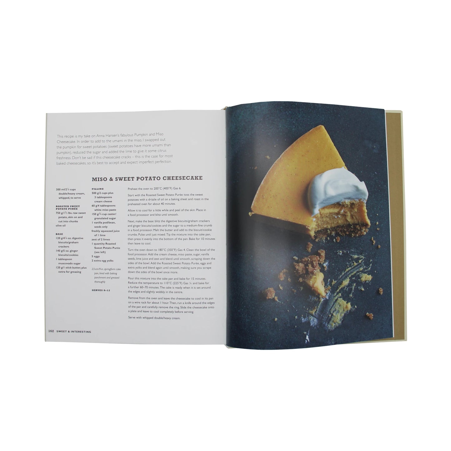 A page from Umami by Laura Santini featuring a miso and sweet potato cheesecake recipe, with a photo of a whipped cream-topped slice on the right.