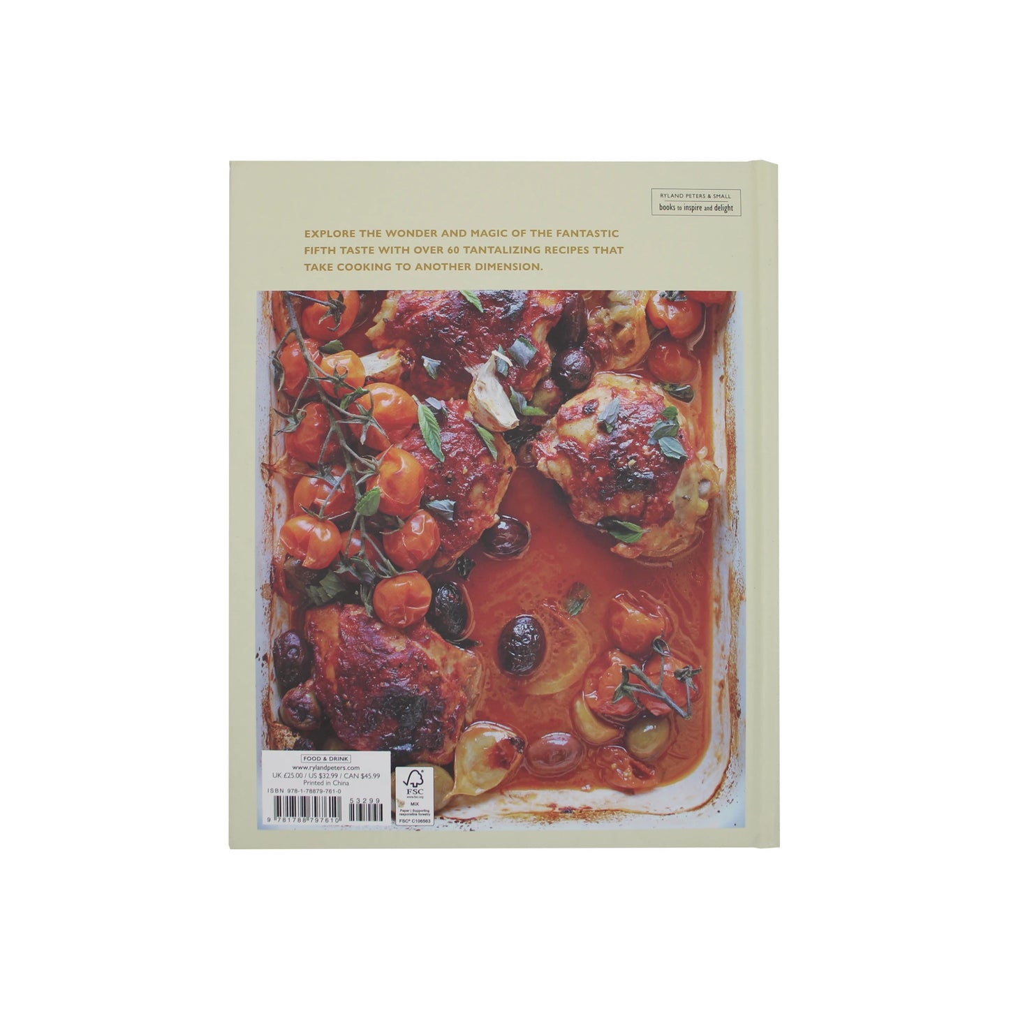 
                  
                    Back cover of the Umami by Laura Santini cookbook featuring a photo of roasted chicken with tomatoes and olives, with promotional text and a barcode at the bottom.
                  
                