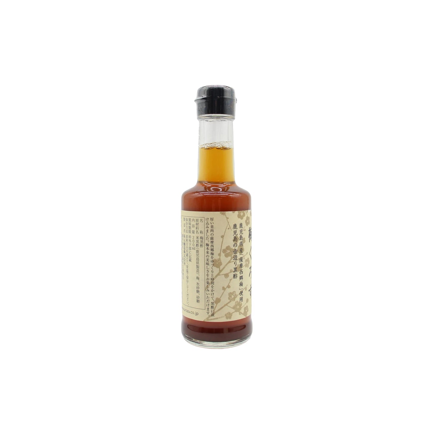 
                  
                    A glass bottle of amber-colored Ume Kurozu (black rice vinegar with ume plum) - 200 ml, featuring a black cap, Japanese text, and an illustration of plum blossoms.
                  
                
