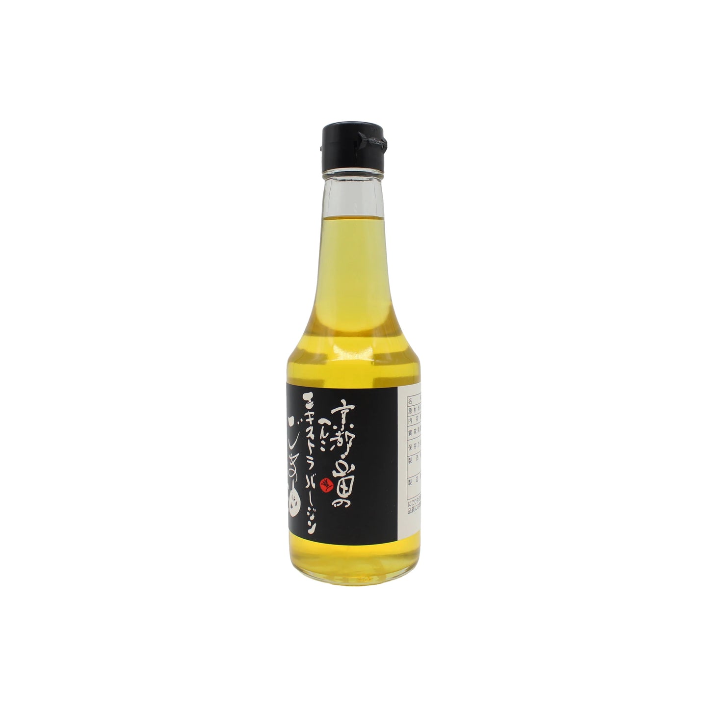 
                  
                    A clear glass bottle of Unroasted Sesame Oil (300ml) with yellow oil, a black cap, and a label in Japanese from Yamada Seiyu.
                  
                