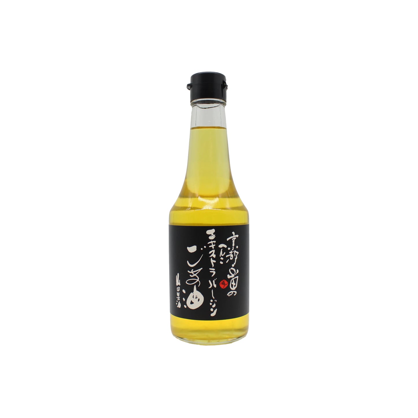 A clear glass bottle with a black cap and black label featuring white and red Japanese text contains Unroasted Sesame Oil - 300ml filled with yellow liquid.