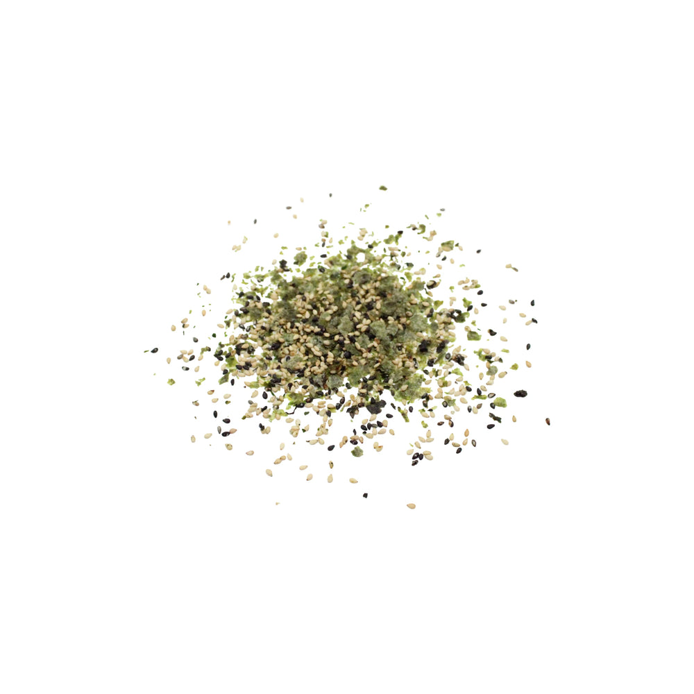 
                  
                    A small pile of Urashima Nori Seaweed Furikake - 50g, featuring visible green herbs, black pepper, and white sesame seeds on a white background, reminiscent of traditional Japanese furikake.
                  
                