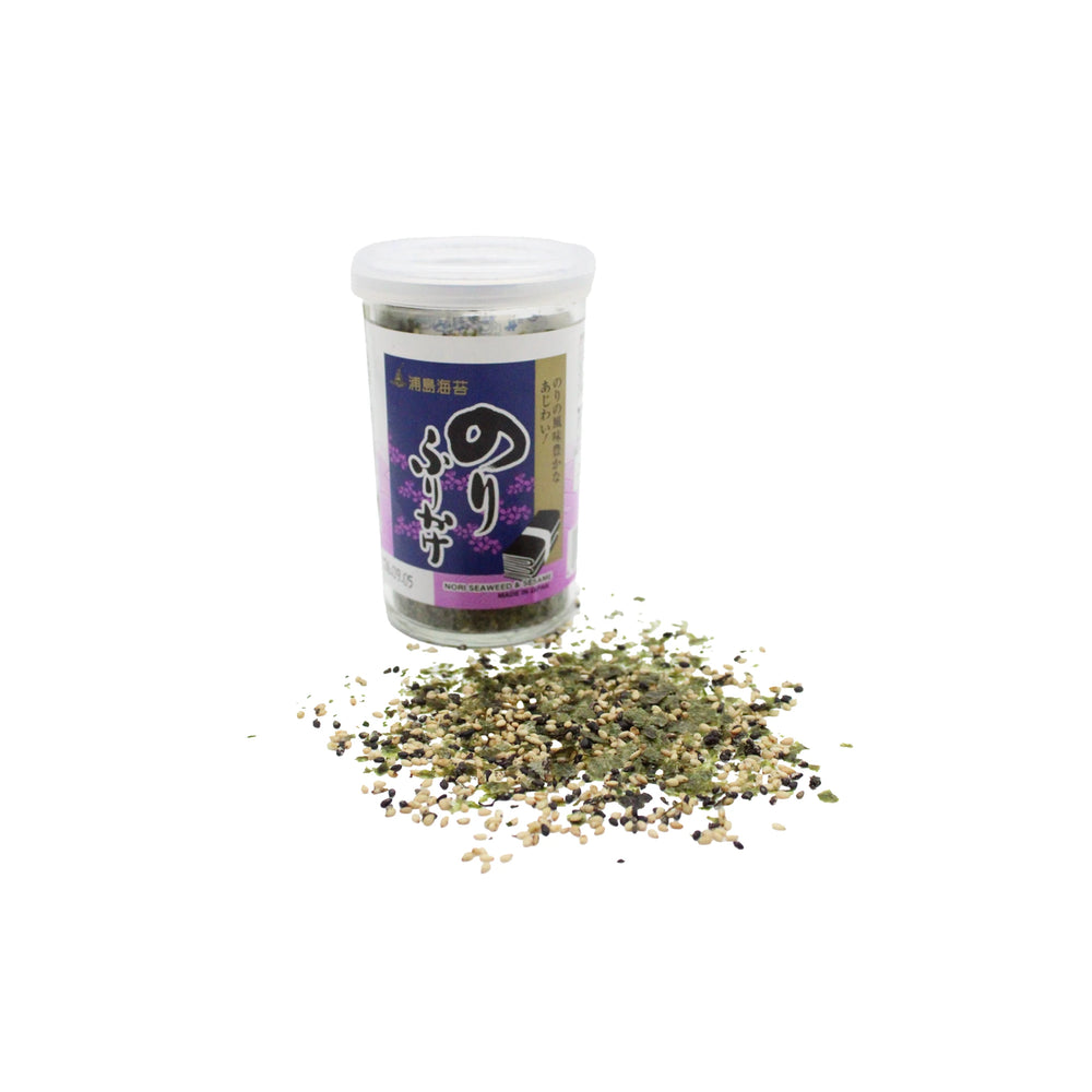 A 50g plastic container of Urashima Nori Seaweed Furikake with a purple label is next to a small pile of the savory seasoning spilled on a white surface.