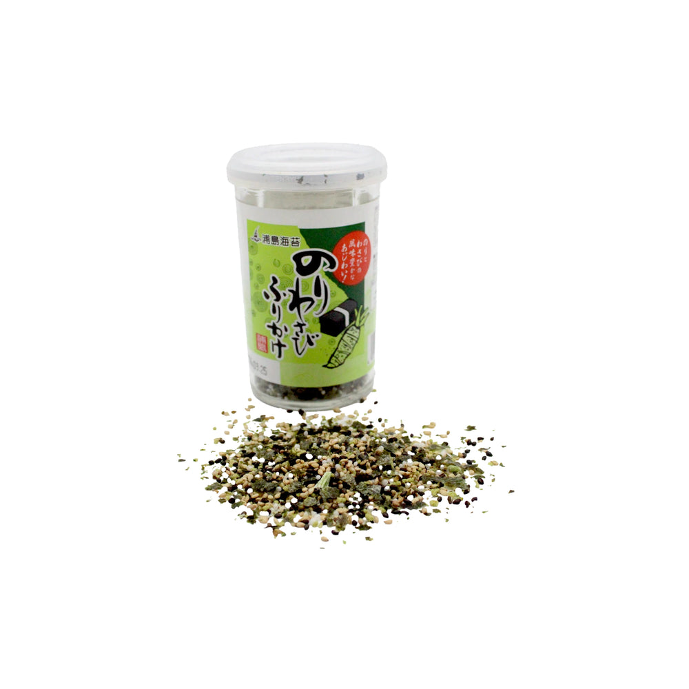 A 50g plastic container of Urashima Nori Seaweed and Wasabi Furikake with a green and white label sits beside a small pile of sprinkled seasoning.