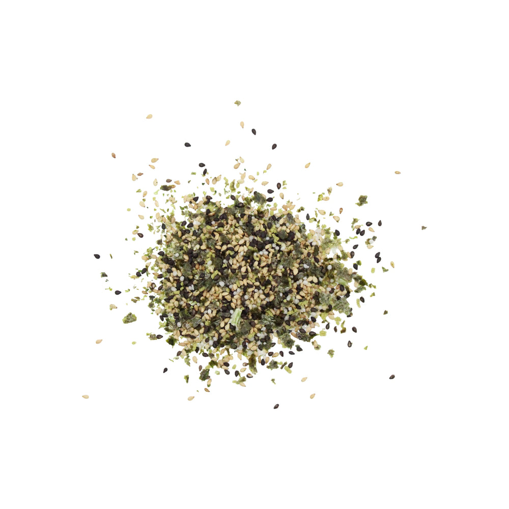
                  
                    Urashima Nori Seaweed and Wasabi Furikake - 50g features a blend of sesame seeds, green seaweed flakes, and black seeds—classic Japanese seasoning—scattered on a white background.
                  
                