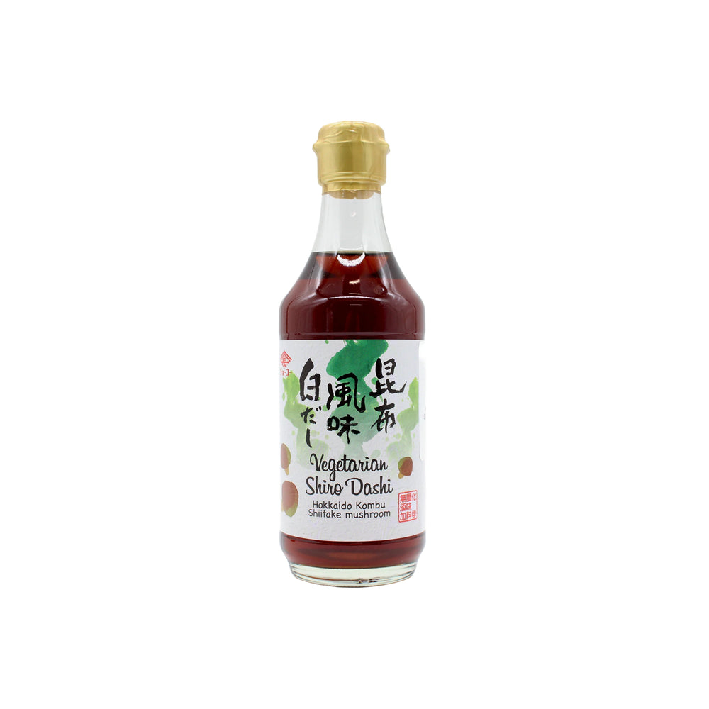 Vegetable Dashi with Kombu & Shiitake - 300ml: A glass bottle of vegetarian dashi featuring Hokkaido kombu and shiitake mushroom, with a gold cap and a green and white label in Japanese and English, offering the rich umami of traditional Shiro Dashi.
