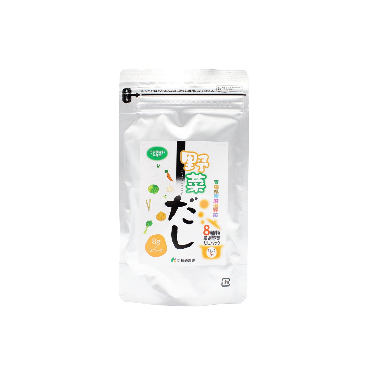 A white resealable pouch with Japanese text and vegetable illustrations contains Vegetarian Dashi Sachets with Vegetables from Aomori (40g, 8g x 5 packs), perfect for adding authentic umami flavor to Japanese dishes.