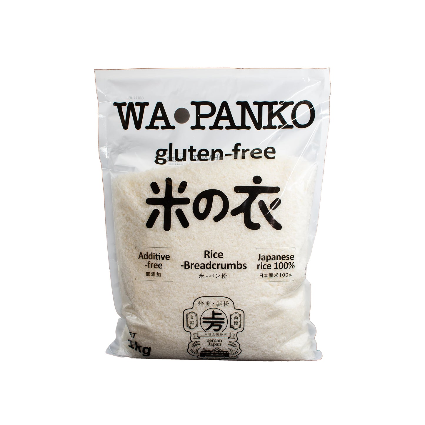A clear bag of Gluten Free Rice Panko Breadcrumbs, made from 100% Japanese rice and labeled additive-free—perfect for anyone seeking authentic Japanese, gluten-free breadcrumbs.