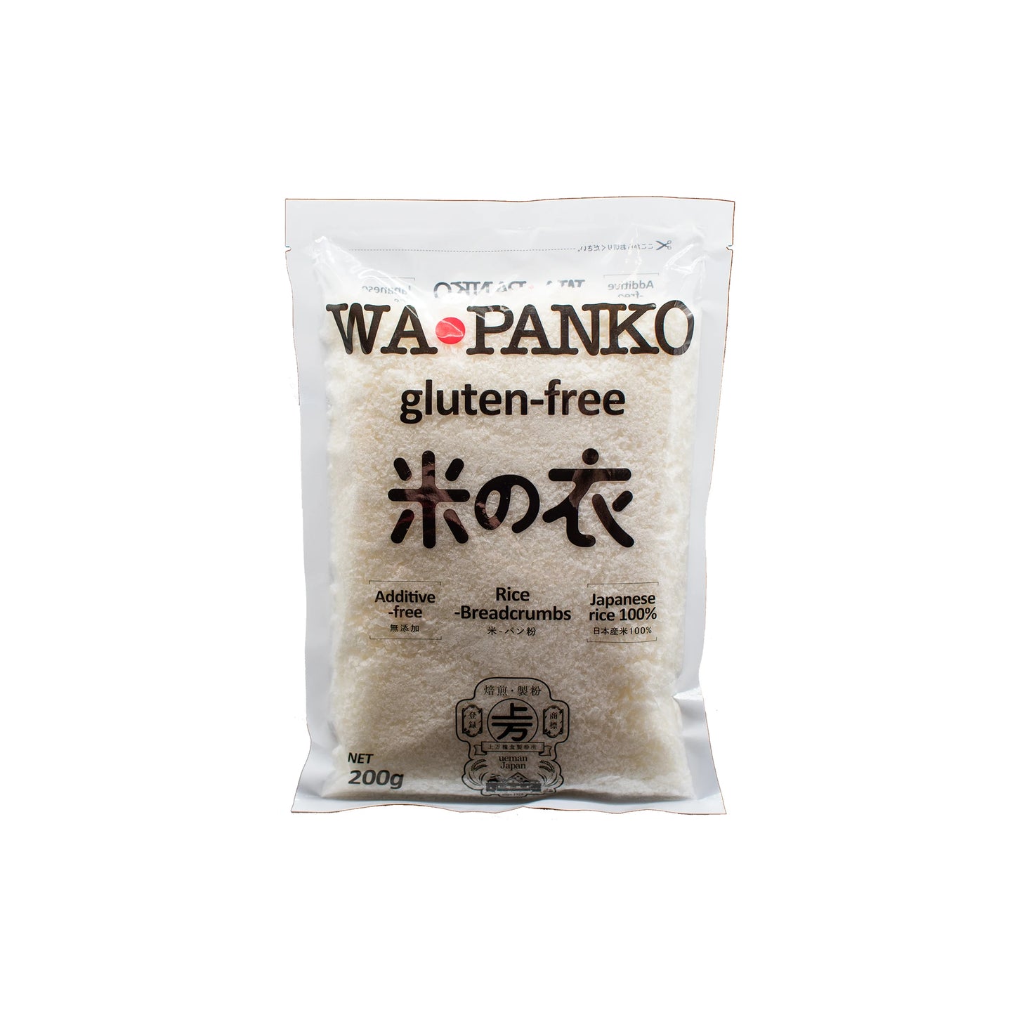 A 200g bag of Gluten Free Rice Panko Breadcrumbs in a clear plastic package with black and red text—perfect for adding crunch to your favorite dishes.