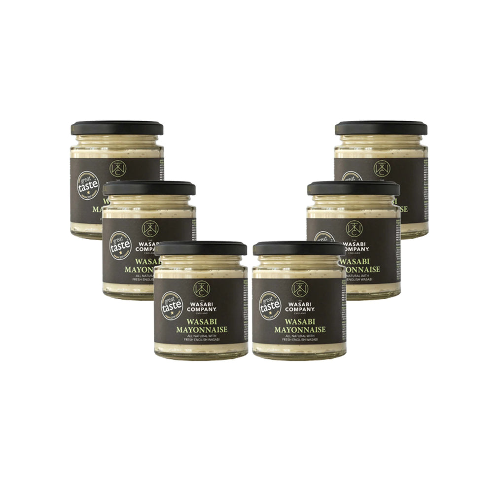 Six jars of Wasabi Mayonnaise - 175g are arranged in a V-shape on a white background. Each jar has a black label and matching black lid, highlighting its blend of English wasabi and all natural mayonnaise.