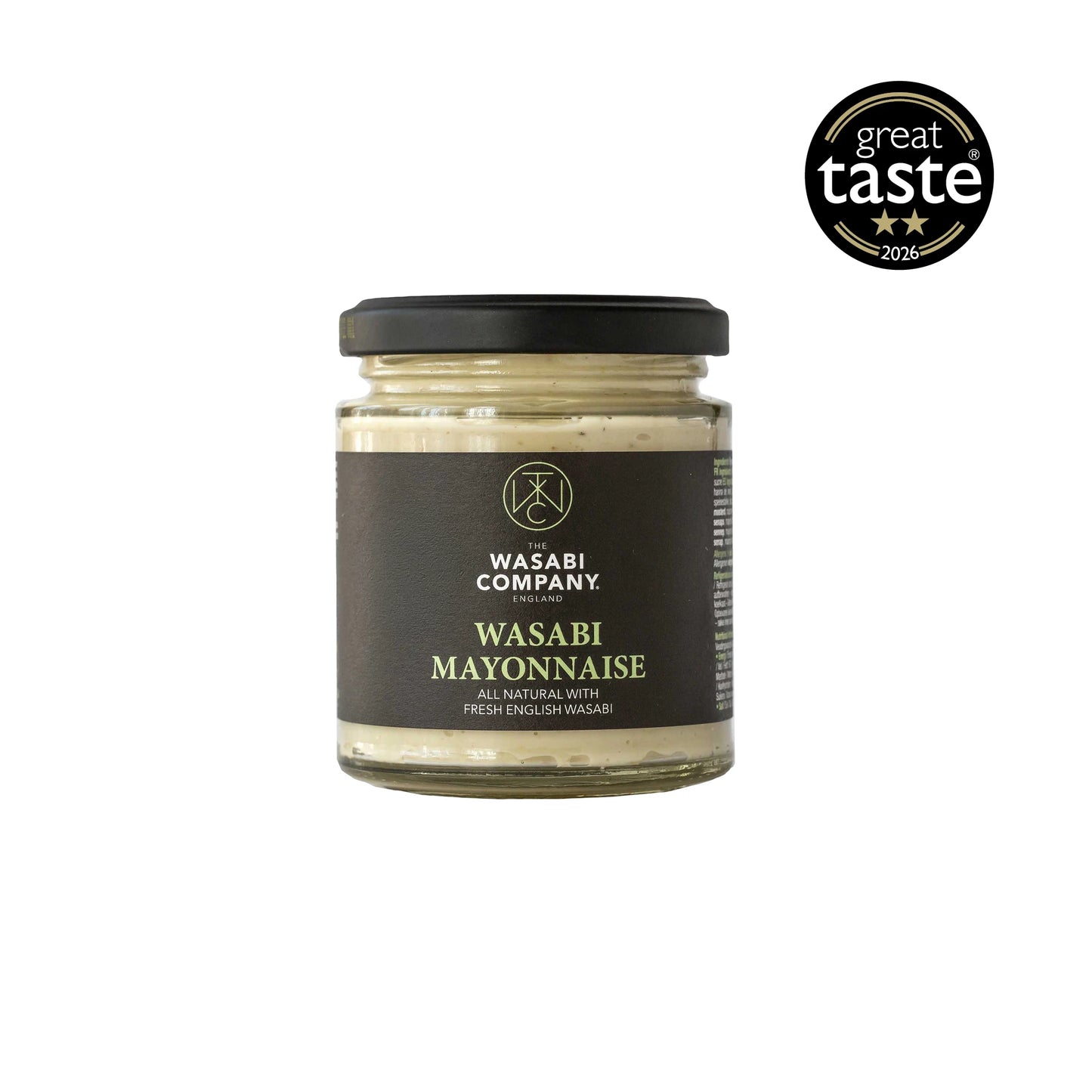 A glass jar of Wasabi Mayonnaise - 175g, made with fresh English wasabi, displays a sleek black label and is positioned next to a black and gold Great Taste 2026 award badge.
