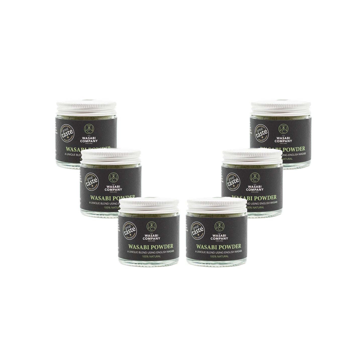 
                  
                    Six 23g jars of Wasabi Powder with white lids and black labels are arranged in a V shape against a plain white background, offering an authentic Japanese spicy flavor.
                  
                