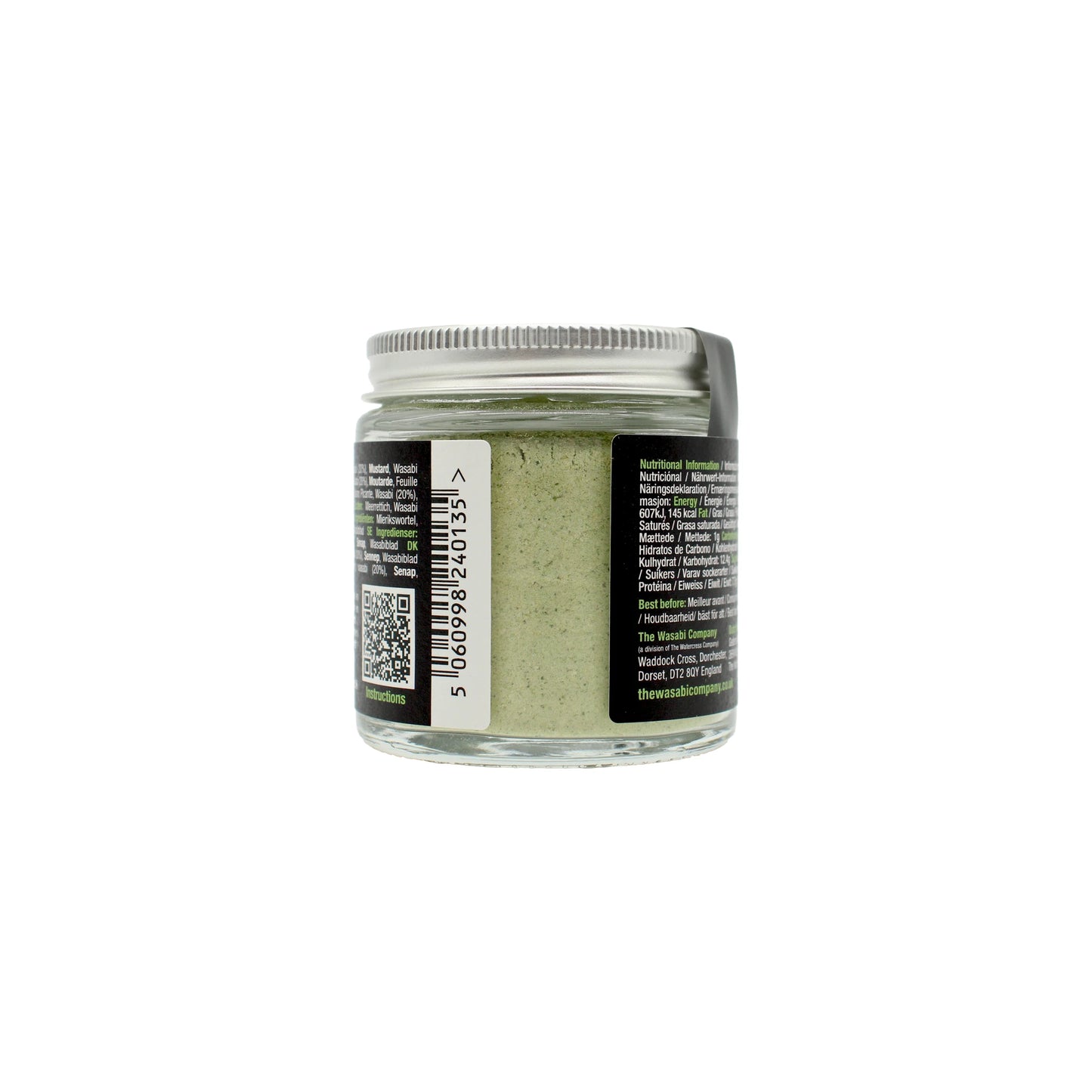 A small glass jar with a silver lid, labeled “Wasabi Powder - 23g” along with a barcode, QR code, and text on the side, is filled with vibrant green wasabi powder.
