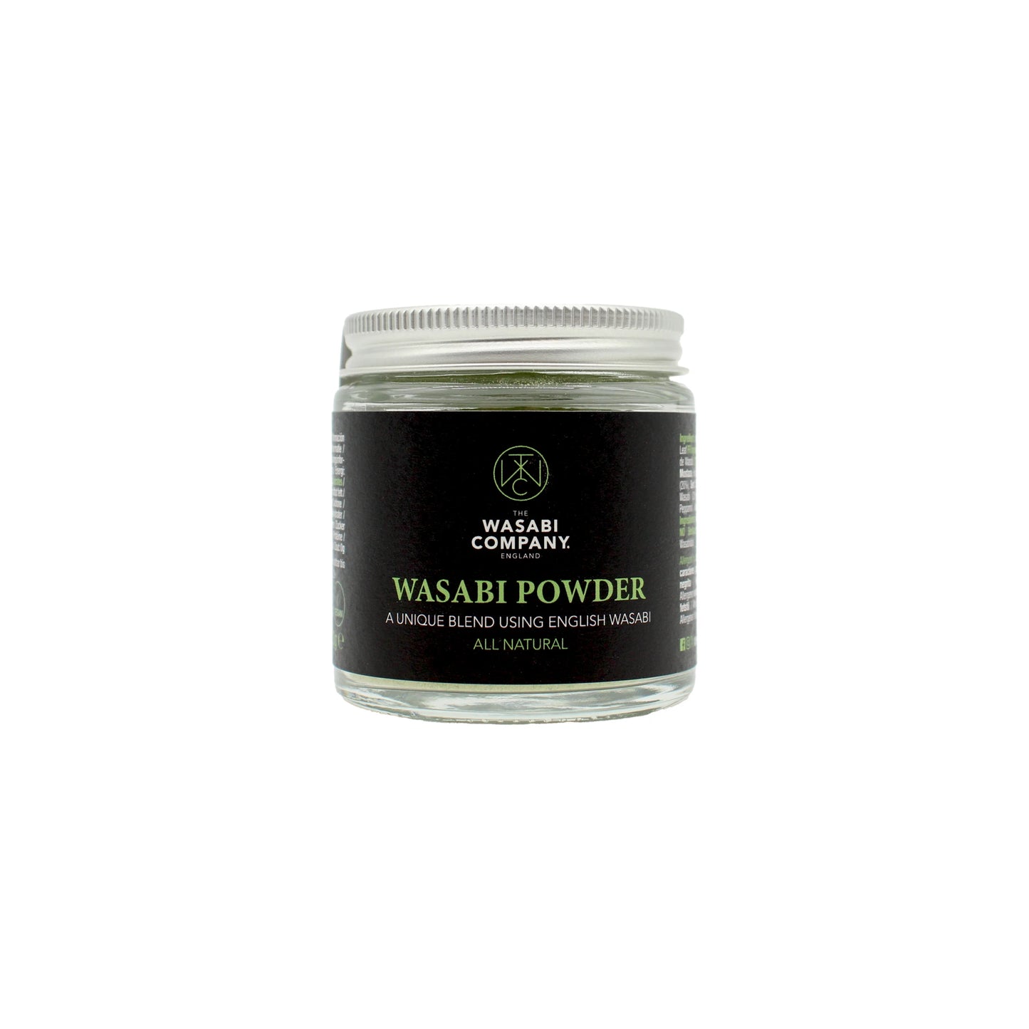 A glass jar of Wasabi Powder - 23g from The Wasabi Company, with a black lid and a black label displaying white and green text, contains authentic wasabi powder crafted for fans of genuine English wasabi flavor.