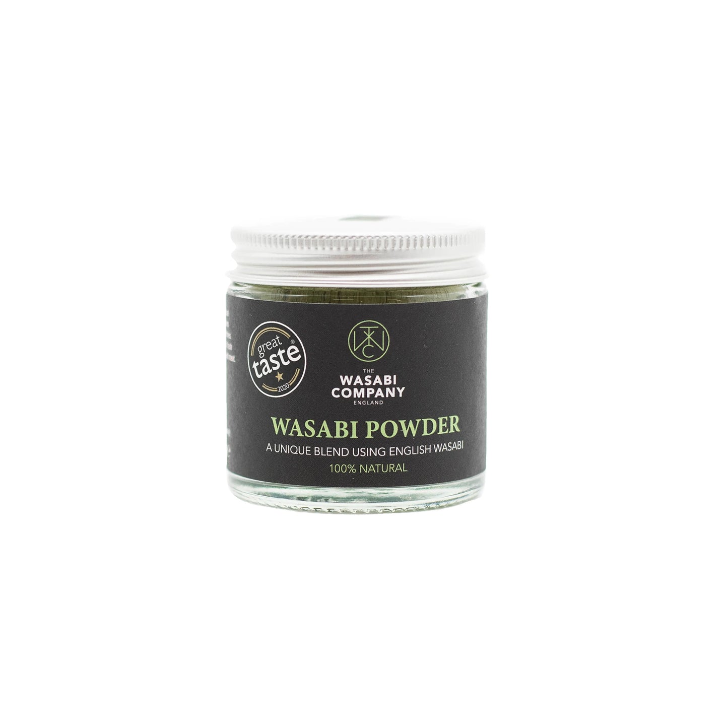 A glass jar of Wasabi Powder - 23g from The Wasabi Company, with a black lid and dark label, is centered on a white background, offering authentic Japanese spicy flavor for your dishes.