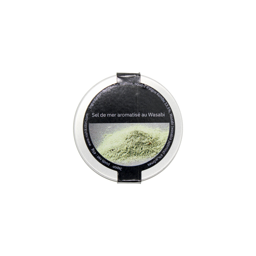 A round tin labeled Wasabi Sea Salt - 45g features Tamaruya wasabi salt and an image of sea salt blended with kombu kelp on the lid.