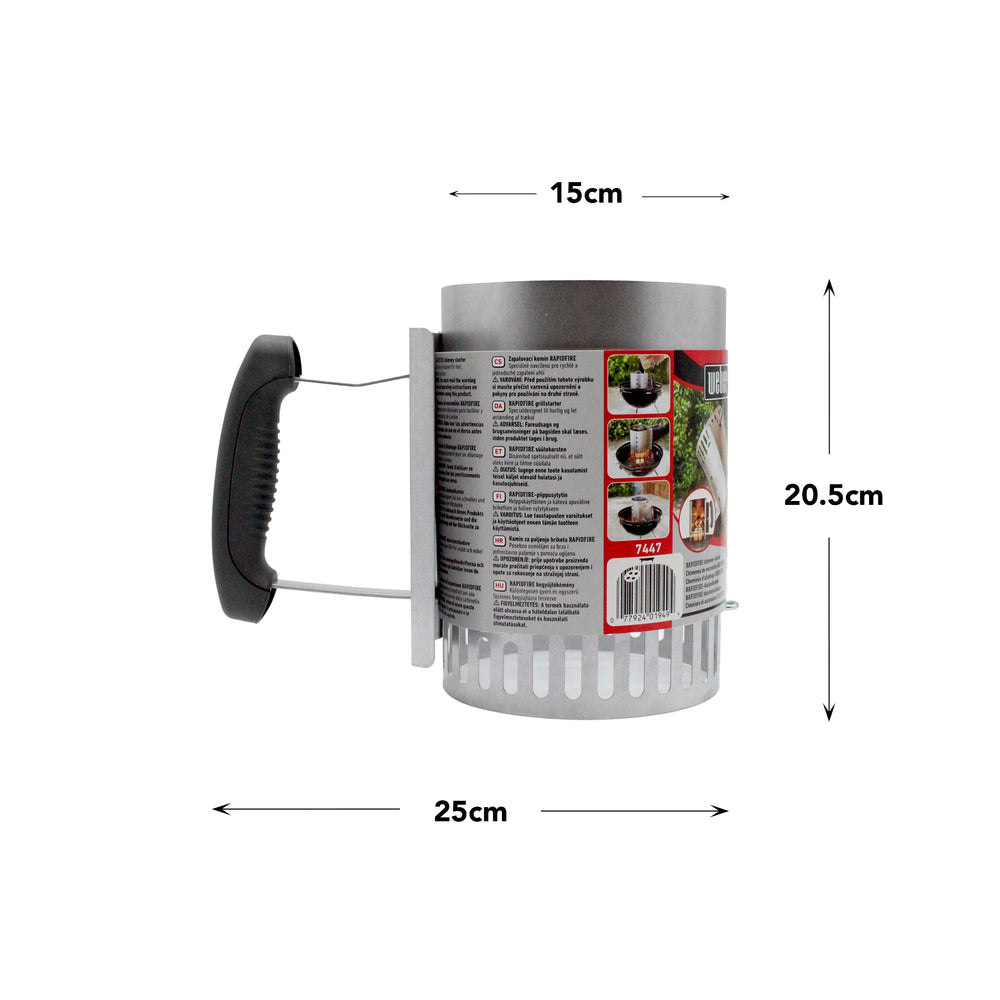 
                  
                    The Weber Charcoal Chimney Starter – Compact features a black handle, labeled instructions, and dimensions of 15 cm wide, 25 cm long, and 20.5 cm high—ideal for quick charcoal lighting.
                  
                