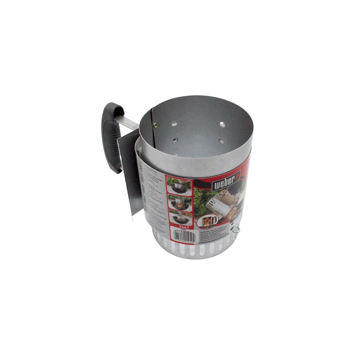 The Weber Charcoal Chimney Starter – Compact features a durable metal build, black handle, ventilation holes at the base, and a clear Weber label for fast and efficient charcoal lighting.