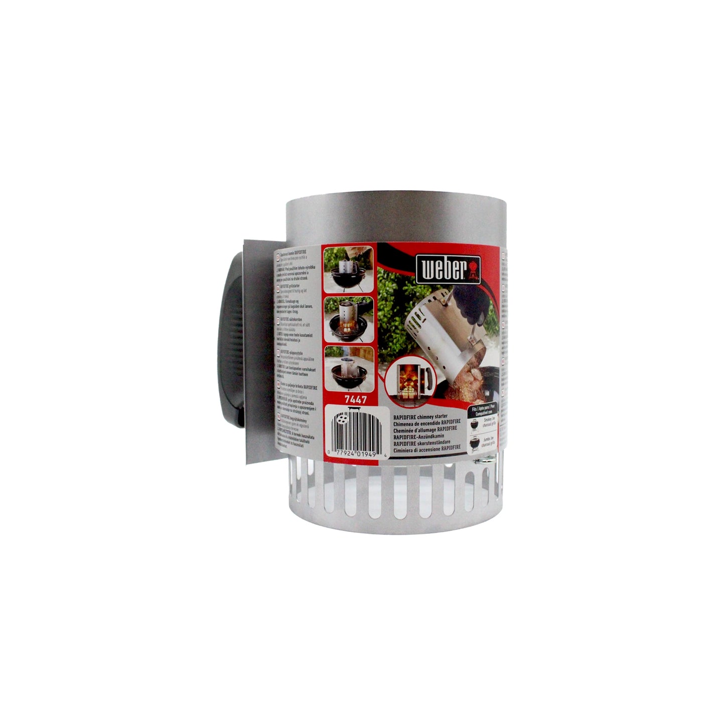 The Weber Charcoal Chimney Starter – Compact features a sturdy handle and instructional label, designed for fast, even charcoal ignition in a space-saving size.