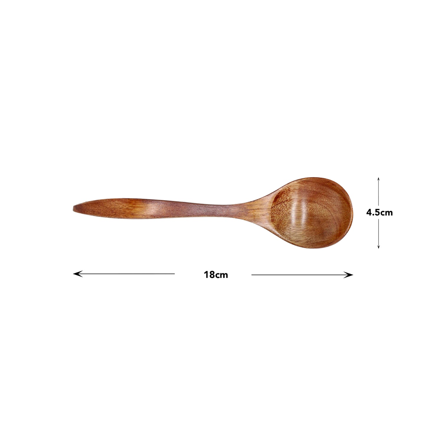 
                  
                    The Japanese Wooden Soup Spoon features a rounded bowl, measures 18 cm long by 4.5 cm wide, is crafted in Japan, and displays clearly labeled dimensions.
                  
                