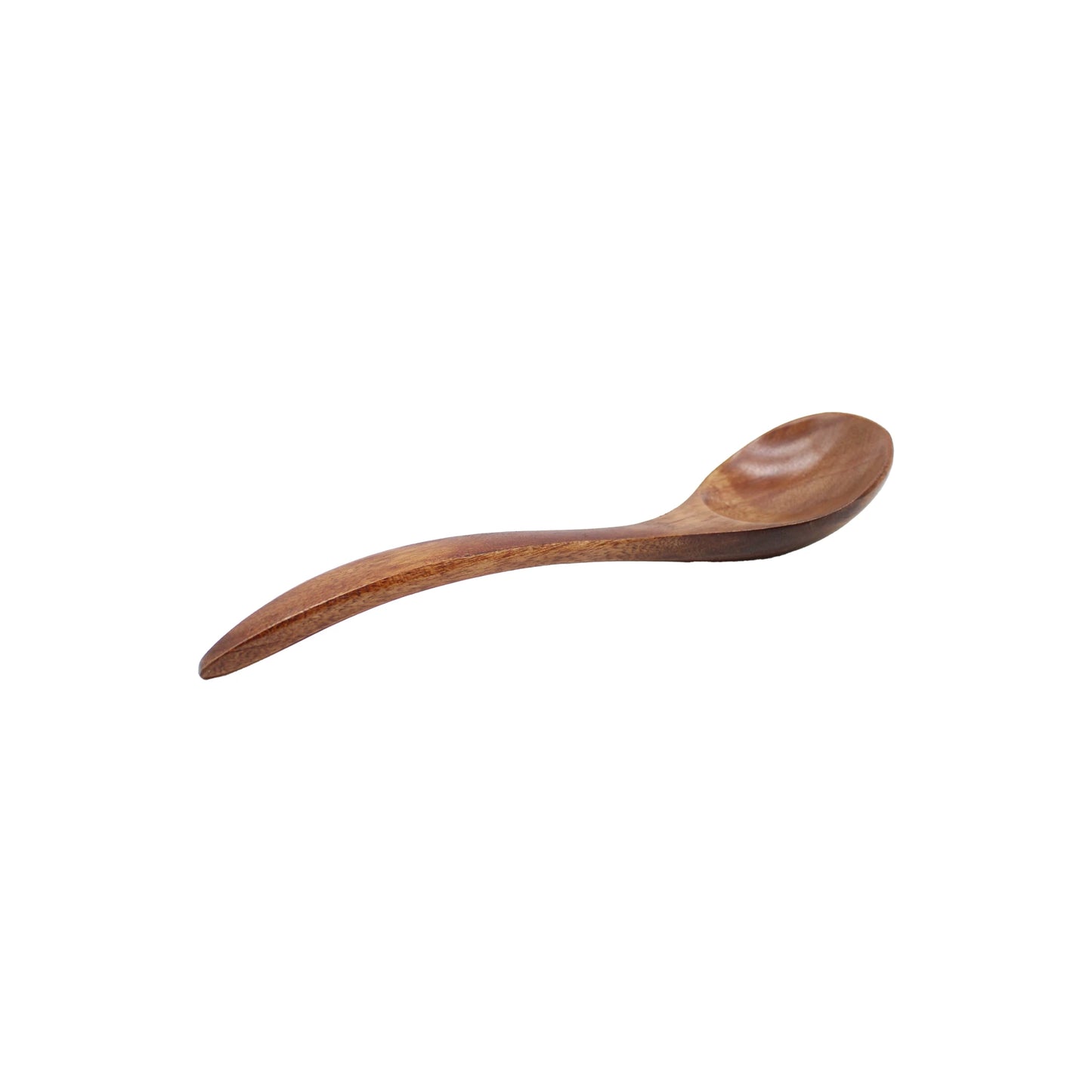 
                  
                    The Japanese Wooden Soup Spoon features a curved design and a smooth, dark brown finish, displayed against a white background.
                  
                