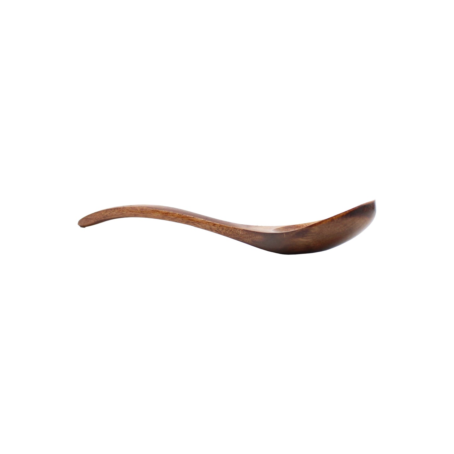 
                  
                    The Japanese Wooden Soup Spoon features a single curved design and smooth surface, displayed on a white background.
                  
                