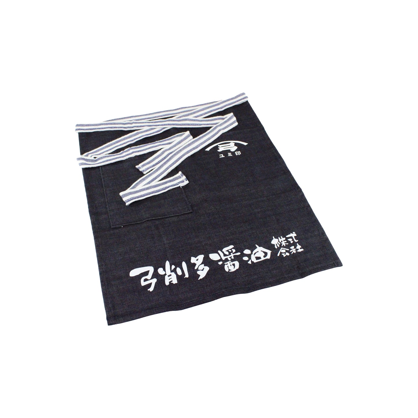
                  
                    The Yugeta Shoyu Apron features a dark blue color with white kanji text and a striped tie, displayed flat on a white background. This Japanese heritage apron combines timeless tradition and style.
                  
                