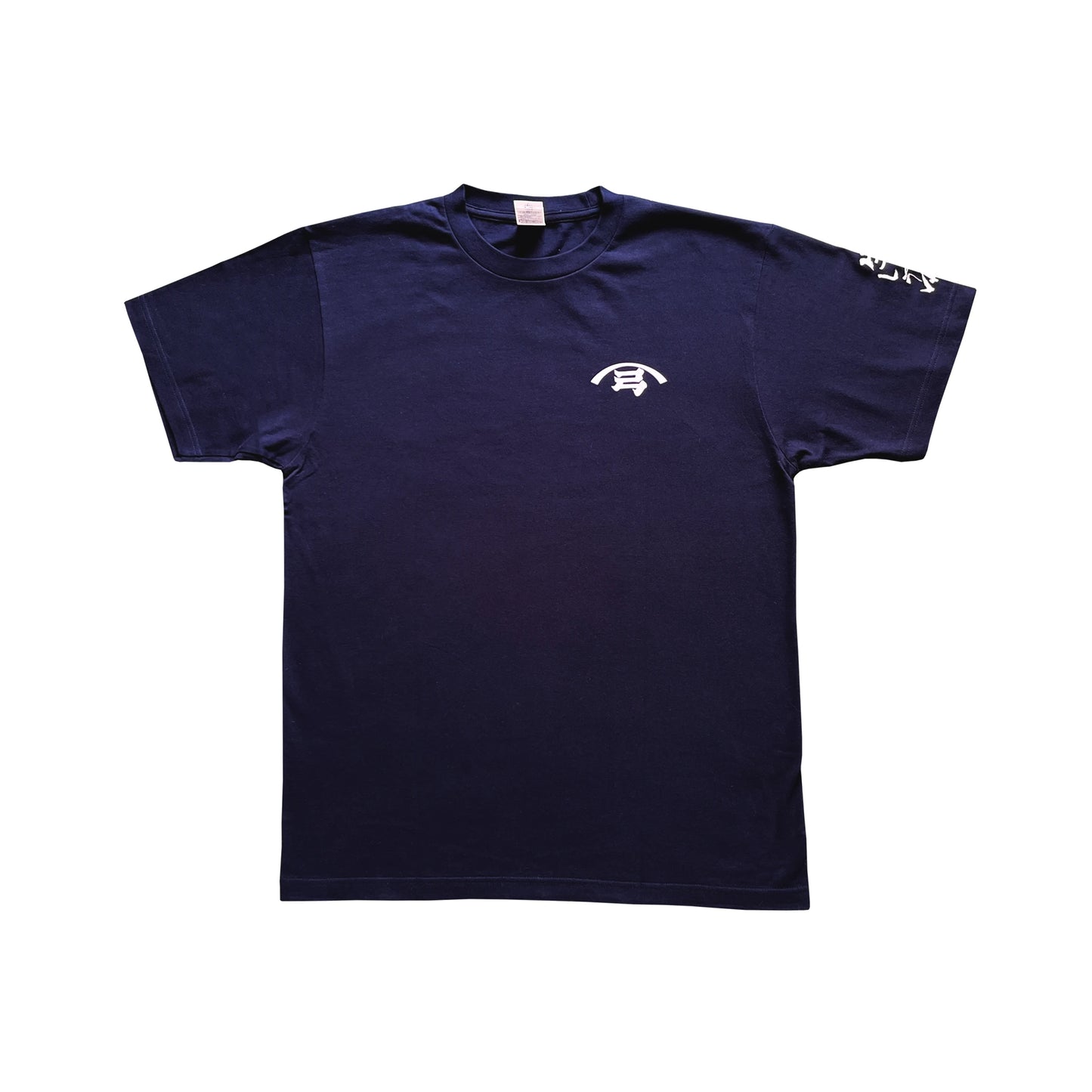 The Yugeta Shoyu T-Shirt in navy blue features a small white Japanese-inspired graphic on the left chest and white text on the left sleeve, shown against a white background.